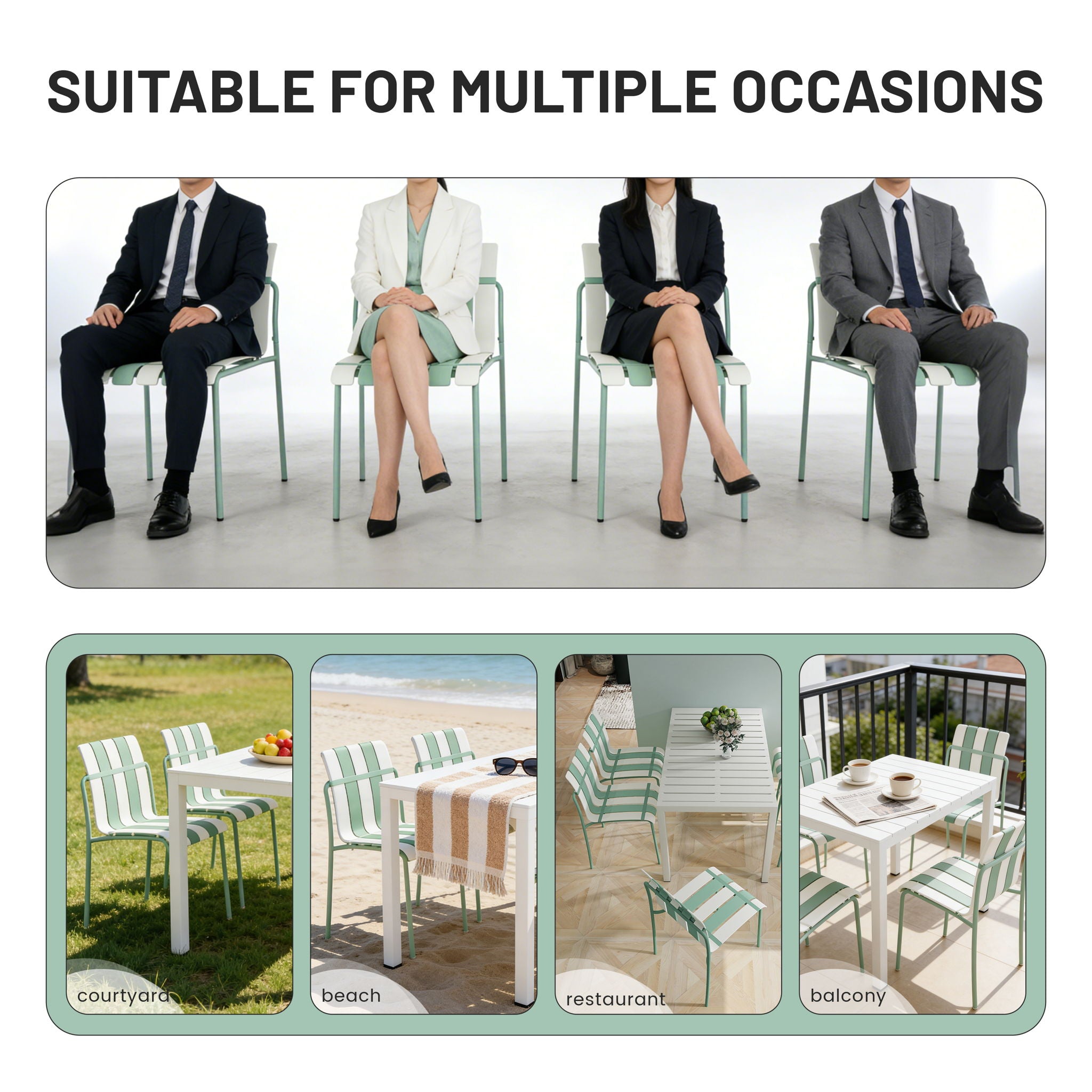 4 Piece Set Of Color Block Designed Single Chairs, Folding Square Table - Haze Green / Khaki / White