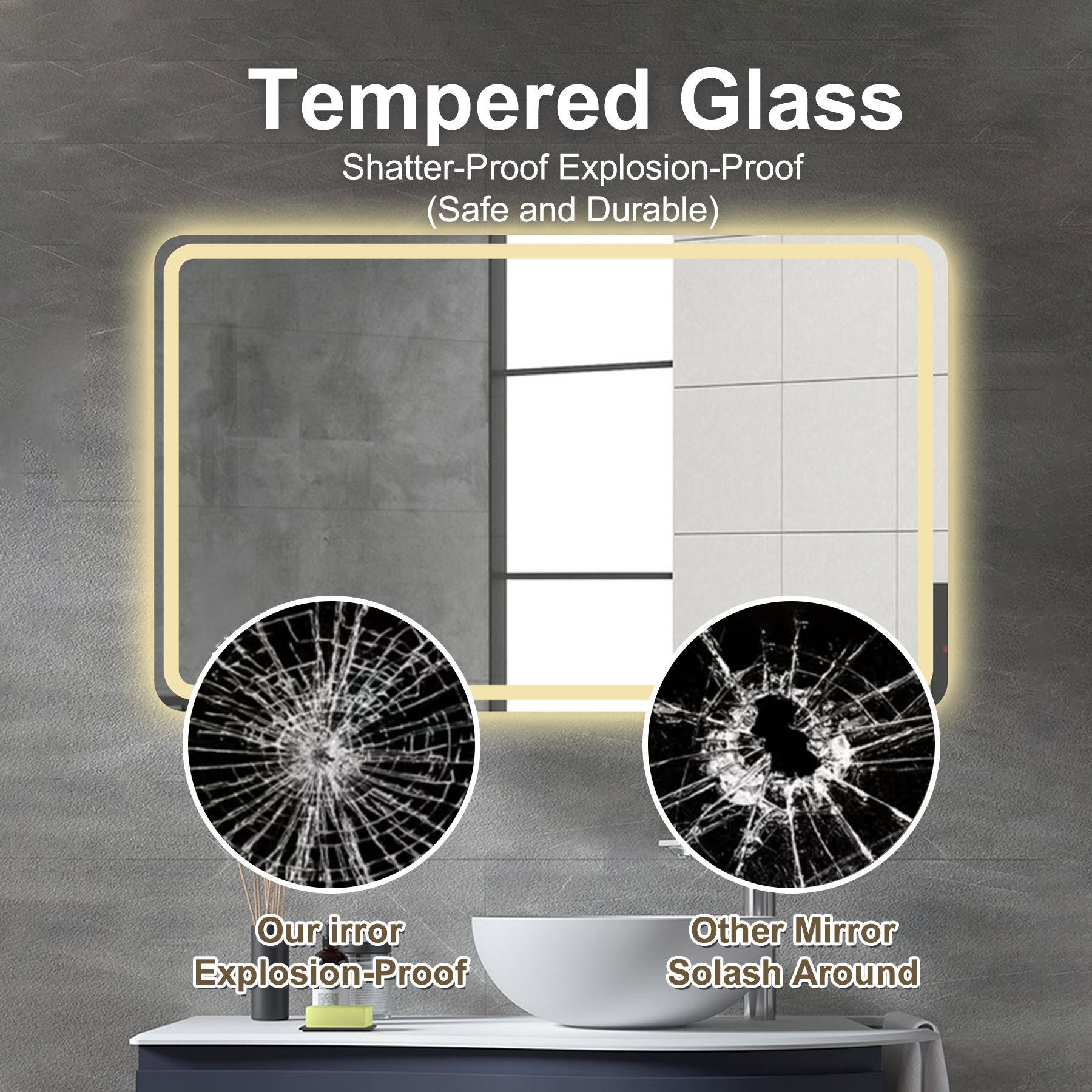 LED Bathroom Mirror Vanity Mirrors With Front Lights Wall Mounted Anti-Fog Frameless Make Up Mirror With Light Copper Free Silver Mirror Horizontal Or Vertical - Silver
