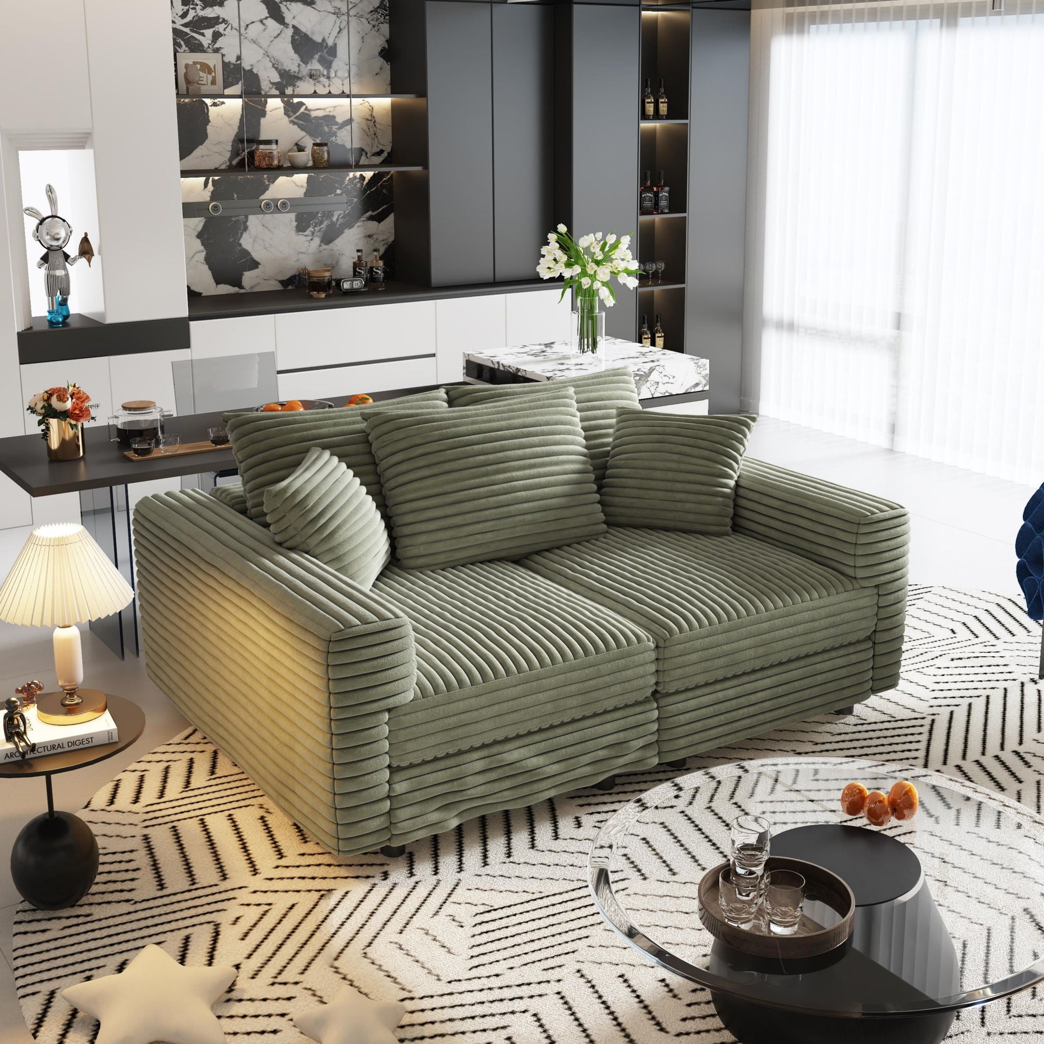 Convertible Deep Seat Sofa With Soft Pillows And Ottomans