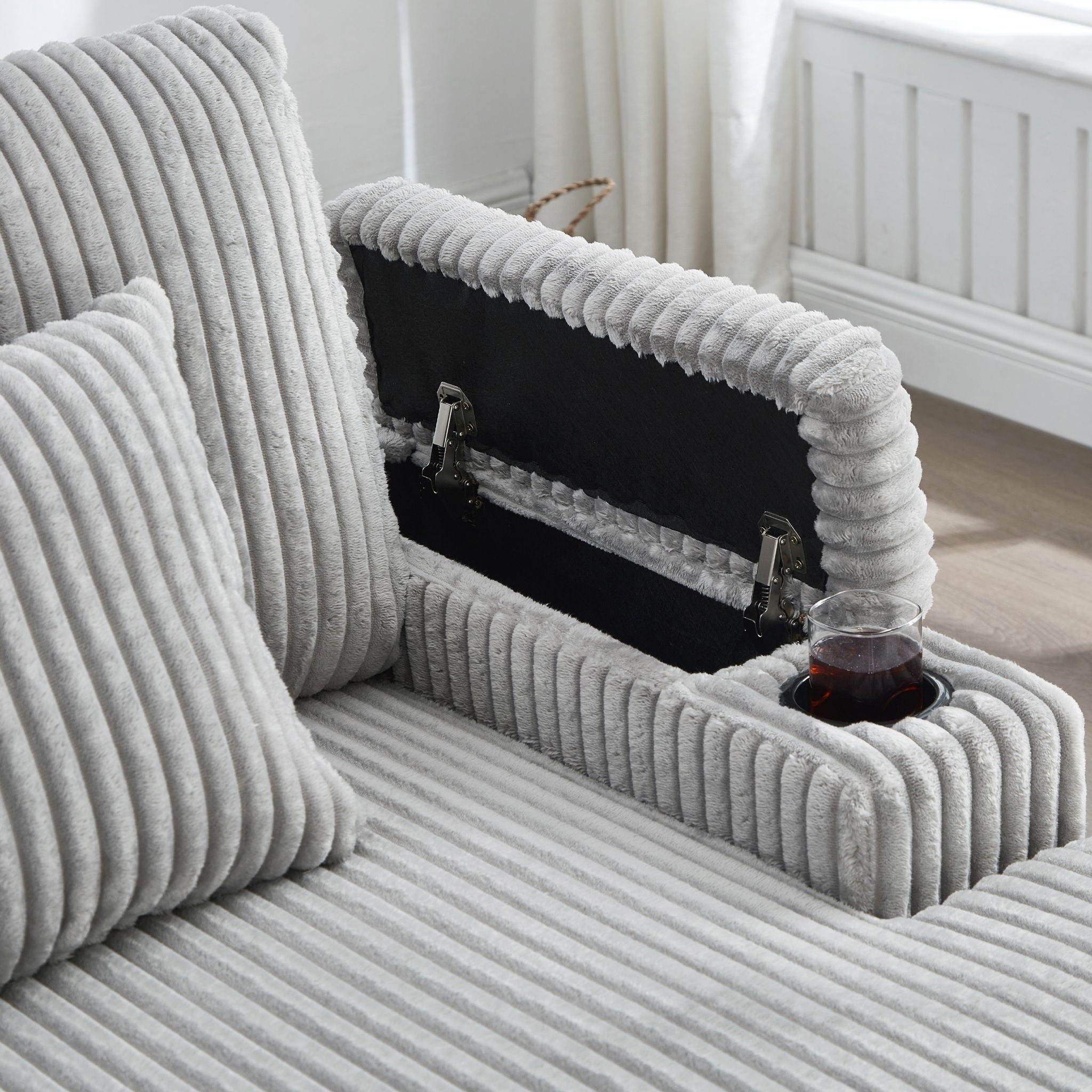 Modern Chaise Sofa With Adjustable Backrest, Cup Holders, Phone Holder & Storage Compartments For Living Room