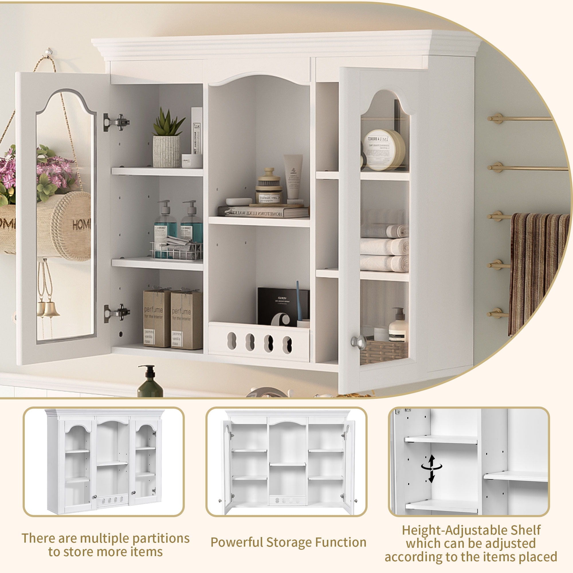 Wall-Mounted Medicine Cabinet With 2 Glass Doors, Adjustable Shelves - White