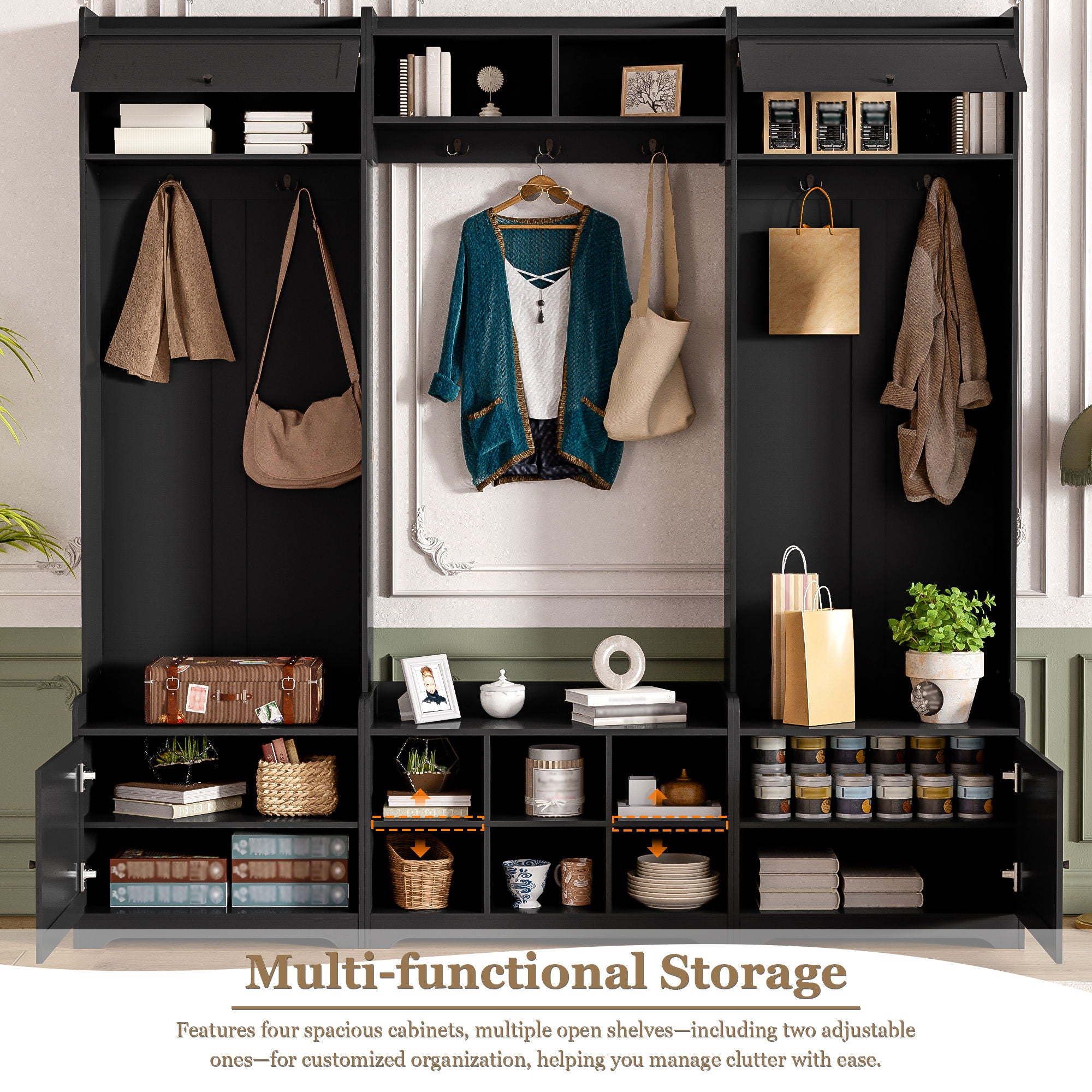 Wide Hall Tree With Shoe Storage, 4 In 1 Entryway Bench With 8 Cubbies, 7 Coat Hooks & Adjustable Shelf For Hallway - Black