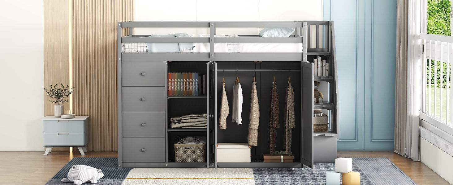 Loft Bed With Built In Wardrobes, Cabinets And Drawers