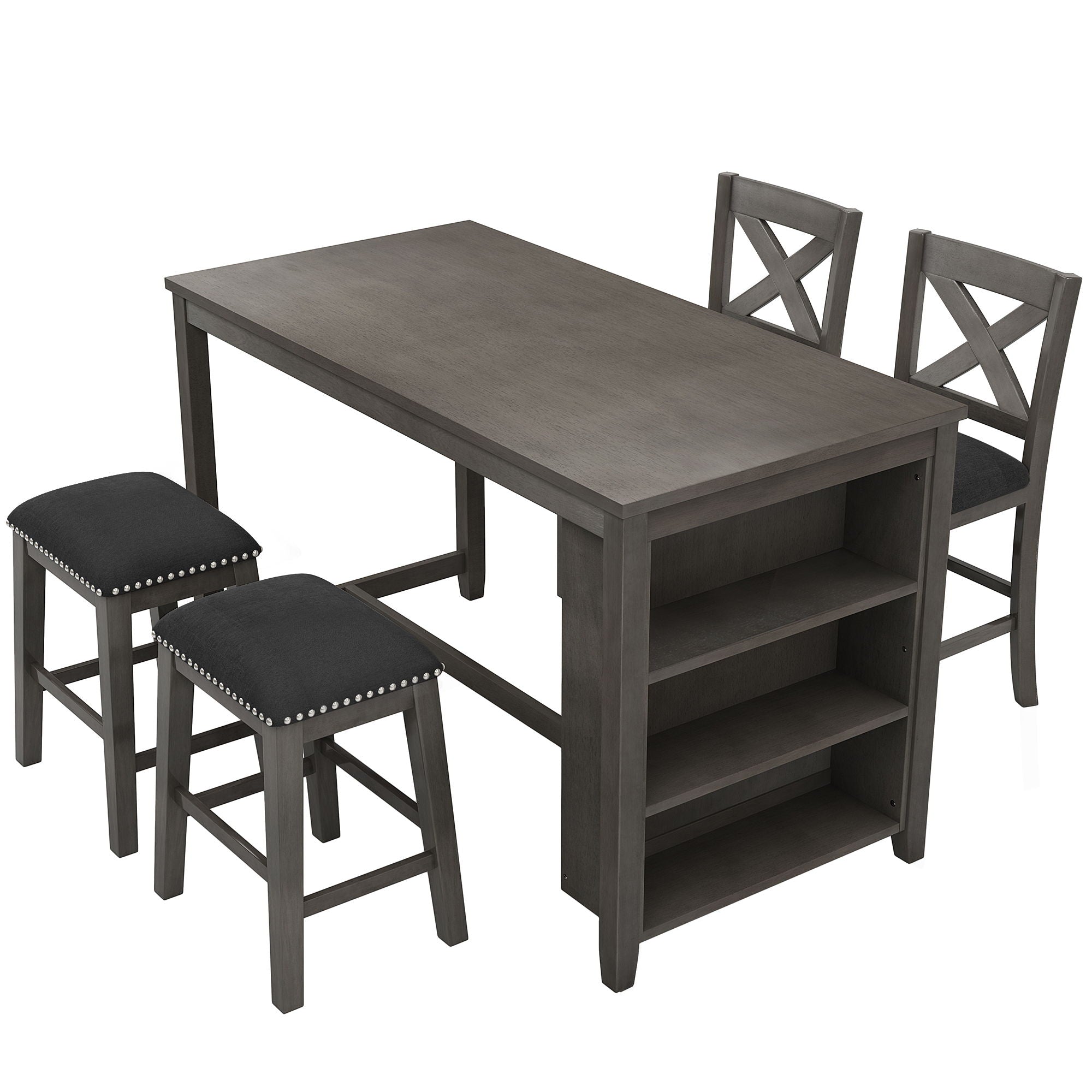 5 Pieces Counter Height Rustic Farmhouse Dining Room Wooden Bar Table Set With 2 Stools And 2 Chairs
