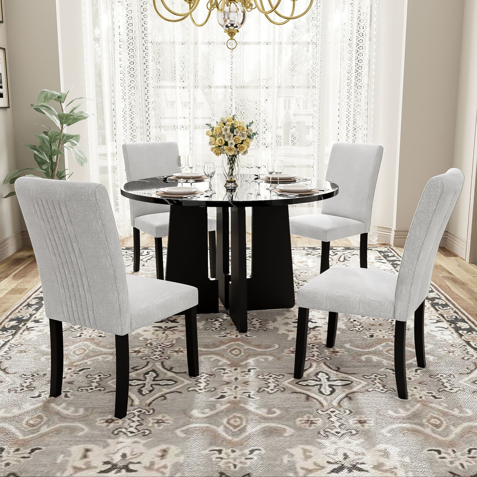 5 Piece Round Dining Table Set, Modern Dining Table And 4 Upholstered Chairs For Dining Room