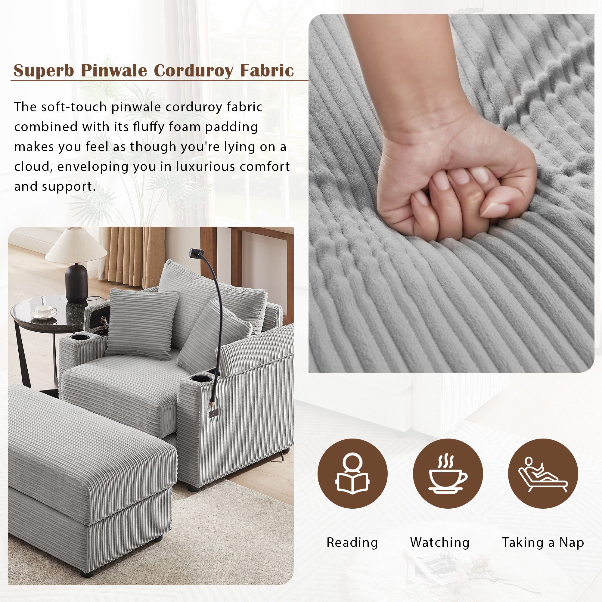 Single Sofa Couch With Storage Space, Movable Ottoman, USB Ports, Cup Holders, Phone Holder