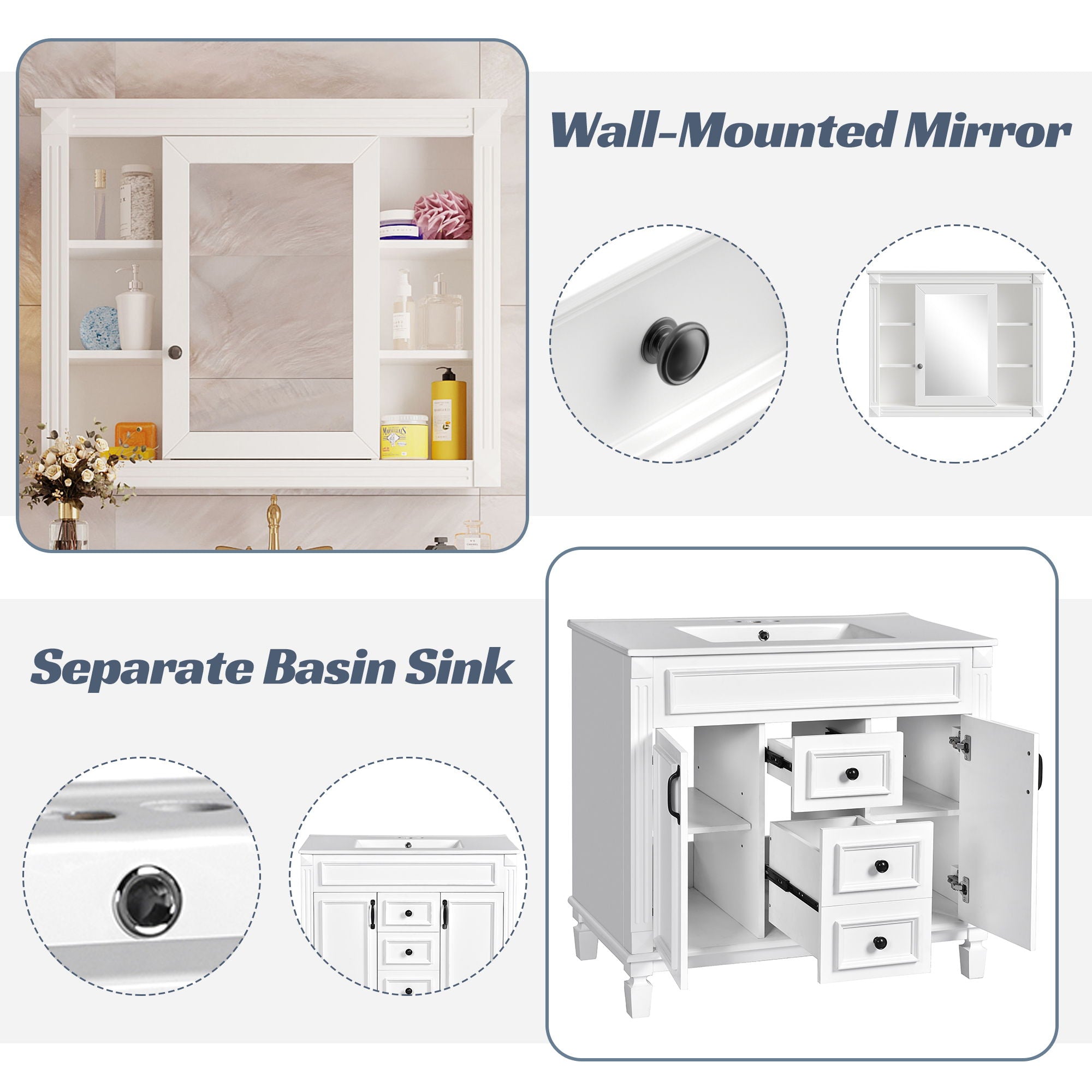 Bathroom Vanity With Top Sink, Mirror Cabinet, 2 Soft Closing Doors & 2 Drawers