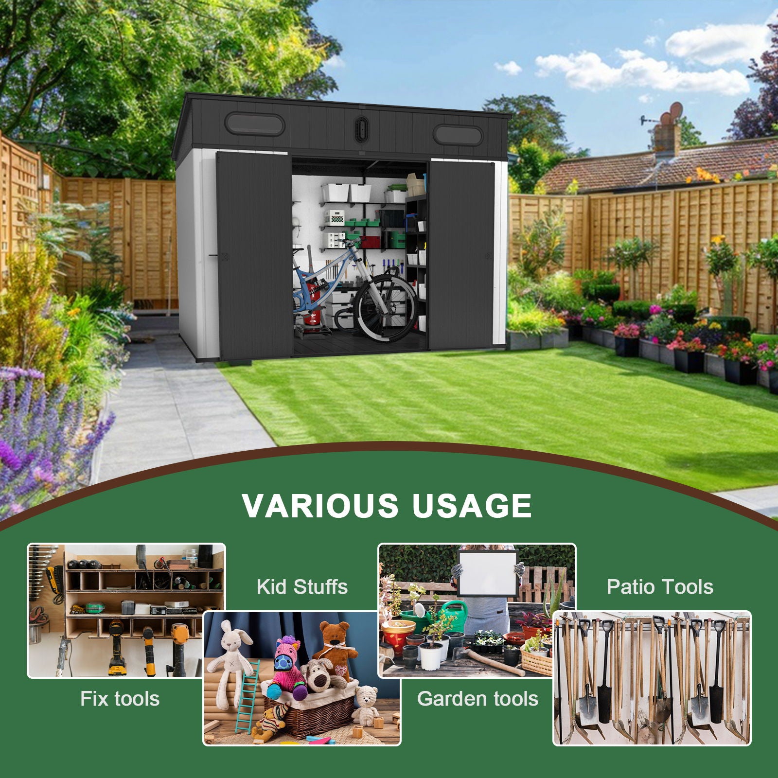 10 Ft. W X 7 Ft. D Plastic Storage Shed With Floor - Black / Gray