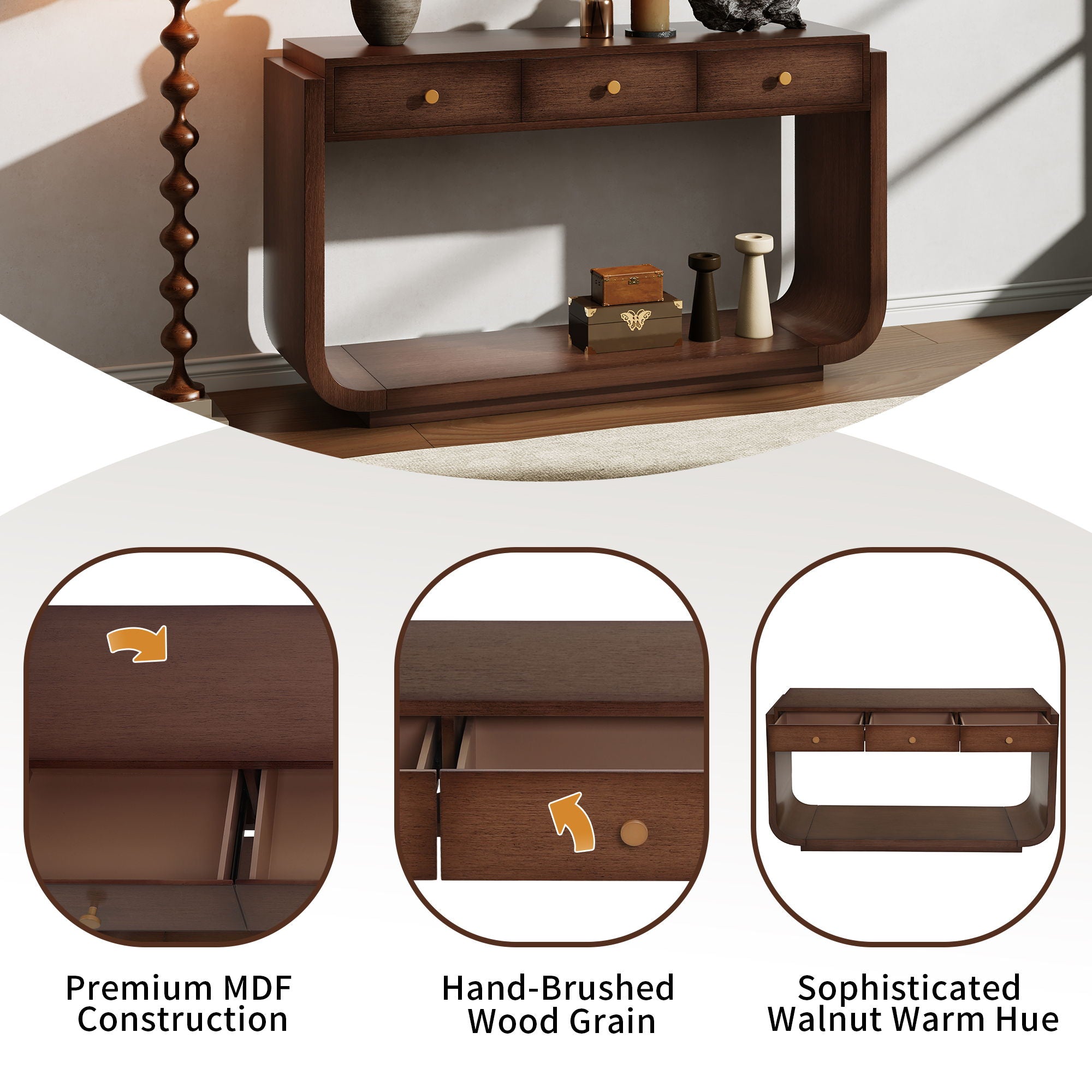 Console Table With 3 Drawers, Display Shelf, Curved Legs - Walnut