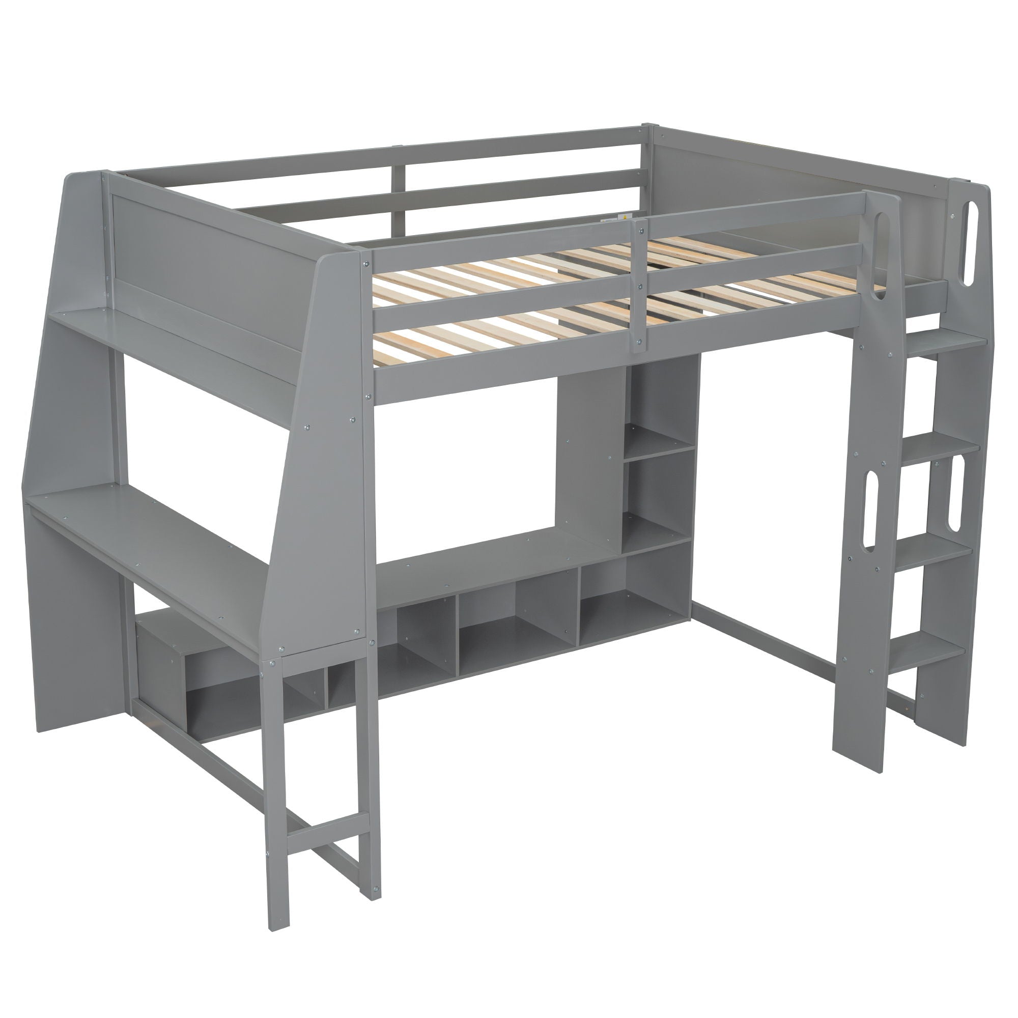 Gaming Loft Bed With Desk, Multi Storage Shelves, LED Lighting, And Hanging Clothes Rack
