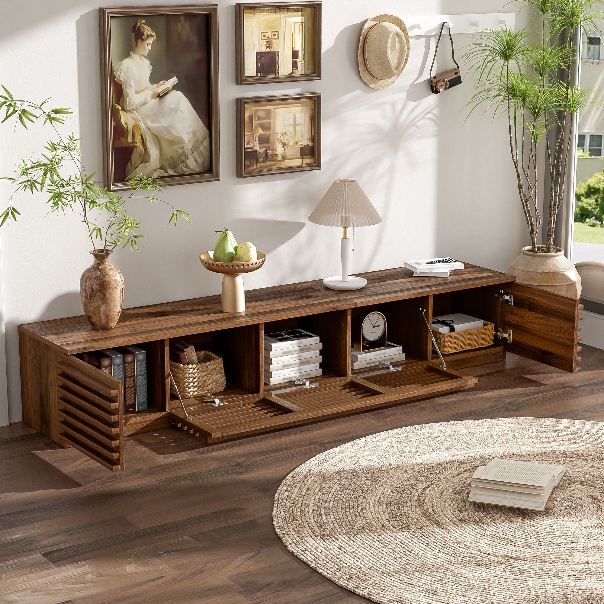 TV Stand For TVs, Entertainment Center With Cable Management And Soft Closing Hinges - Walnut