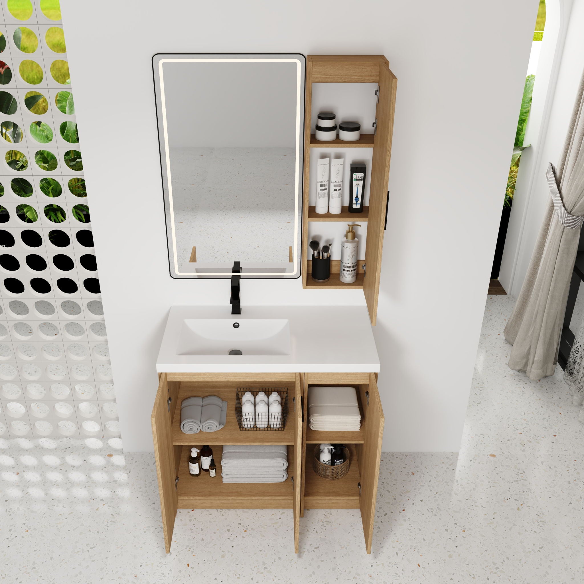 Freestanding Bathroom Vanity Set With Tall Linen Cabinet, 3 Door Storage Cabinet, Single Sink