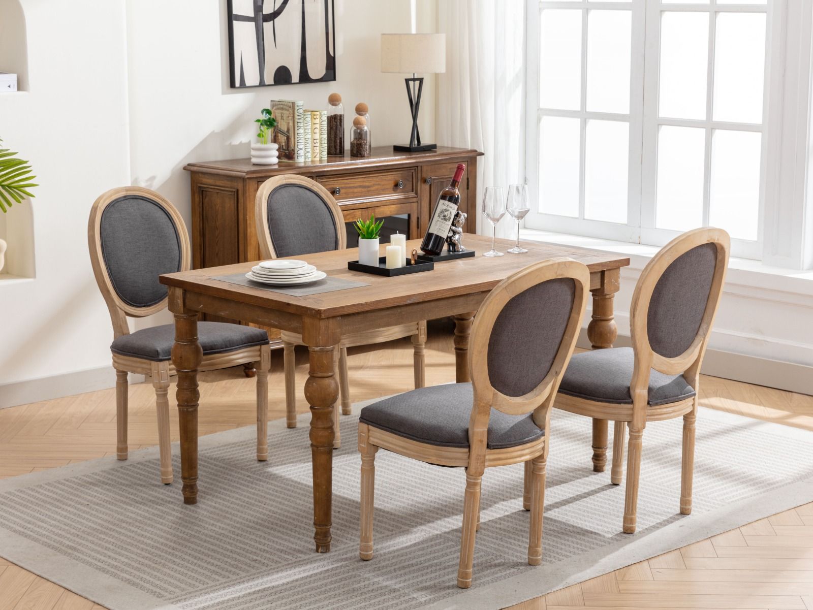 French Style Solid Wood Frame Antique Painting Fabric Back Dining Chair (Set of 2)
