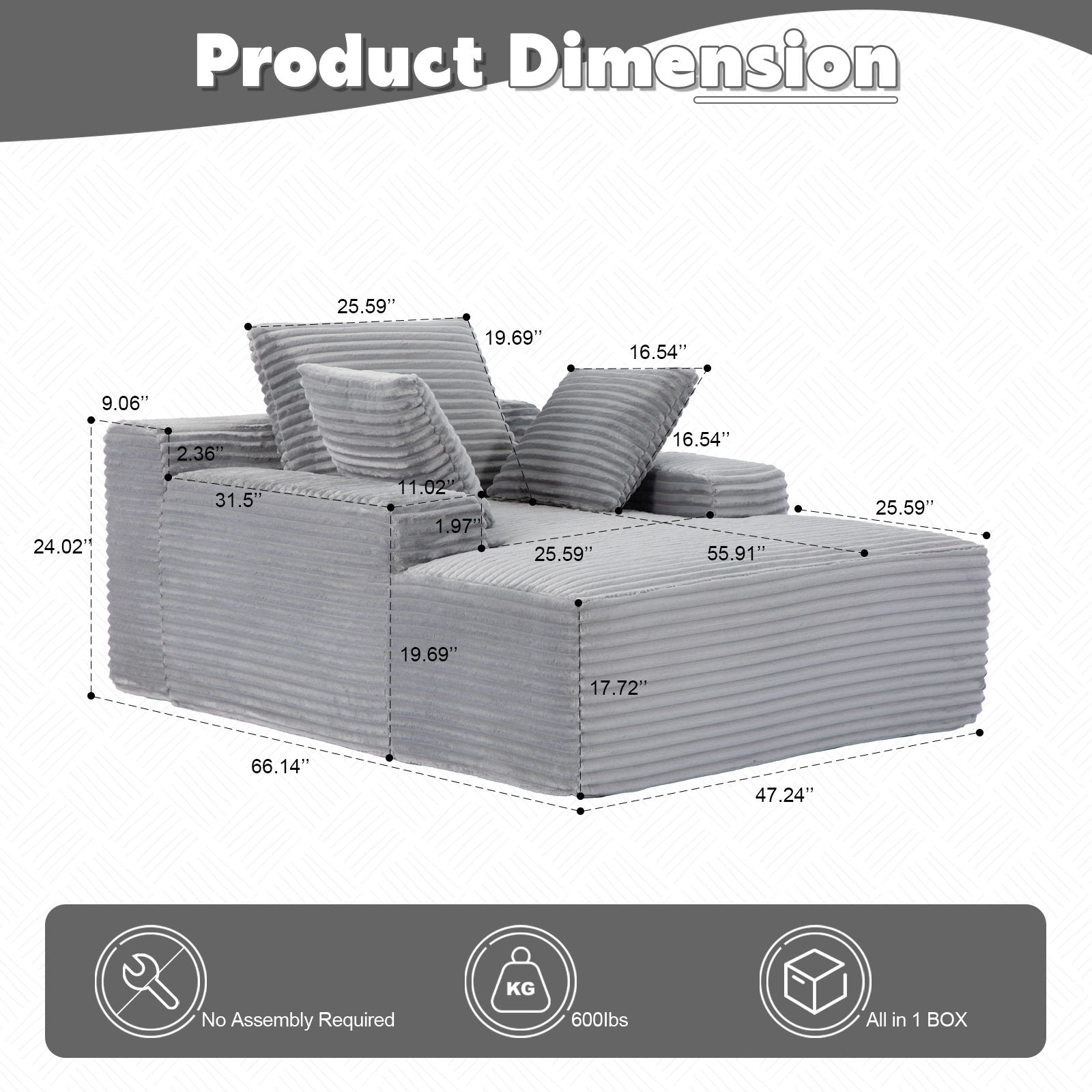 Oversized Chaise Lounge Chair Cozy Cloud Couch With 3 Throw Pillows And Wide Armrest