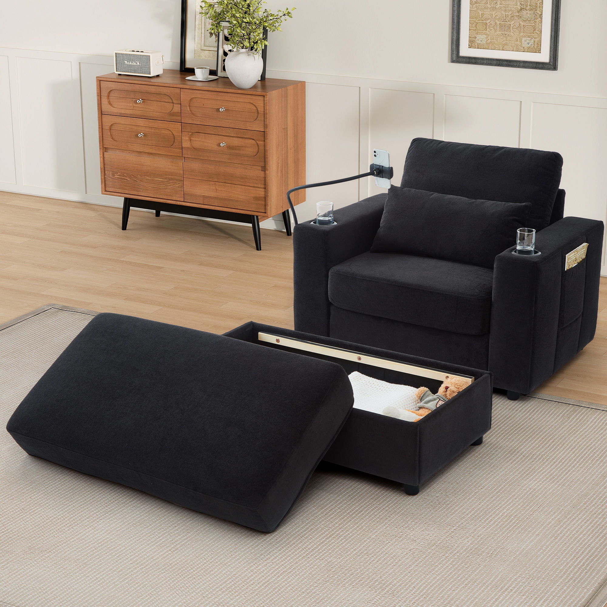 Modern Style Armchair Chaise Lounge Sofa Couch With Movable Storage Ottoman, USB Ports, Cup Holders, Phone Holder, Side Pockets