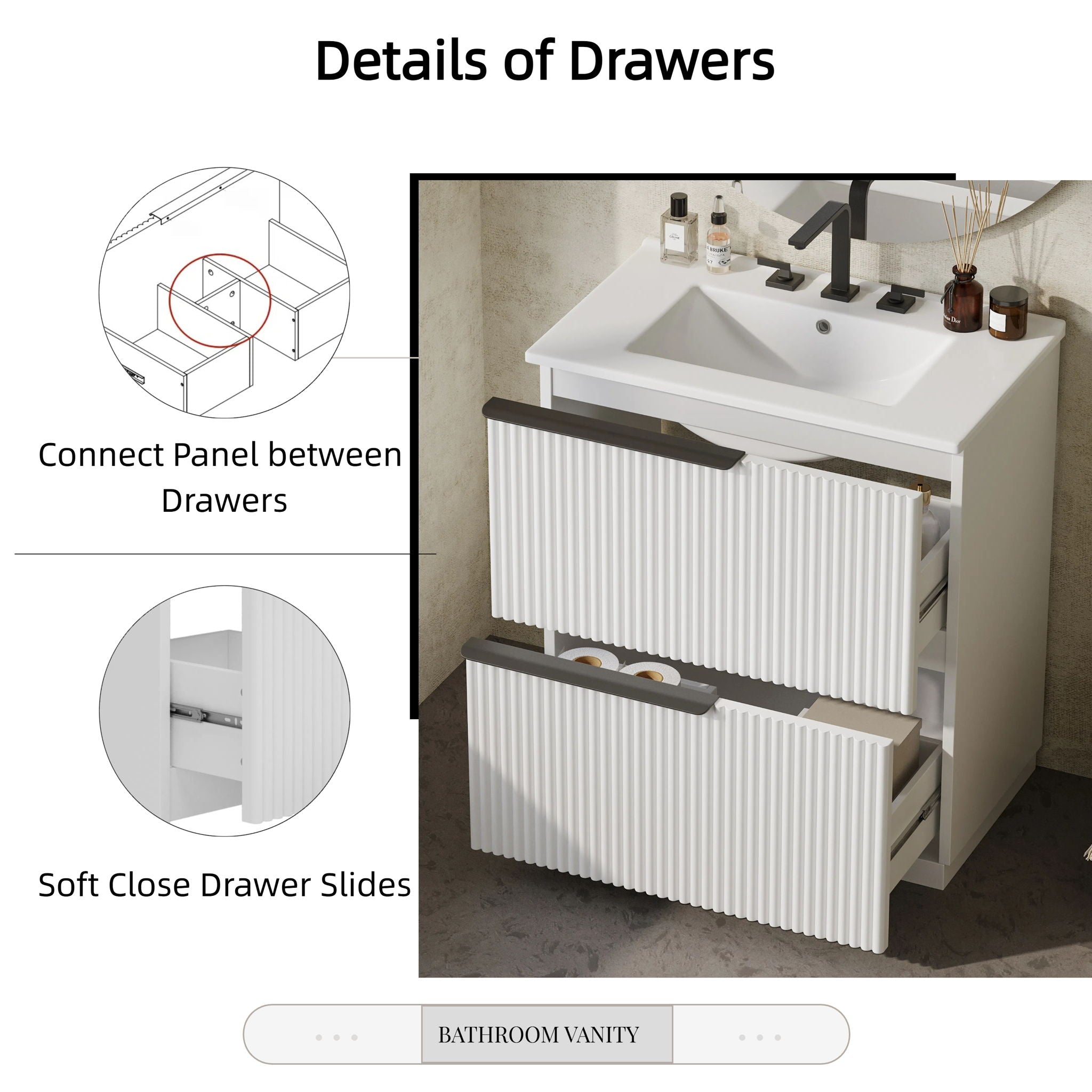 Fluted Bathroom Vanity With Ceramic Sink, Freestanding Cabinet