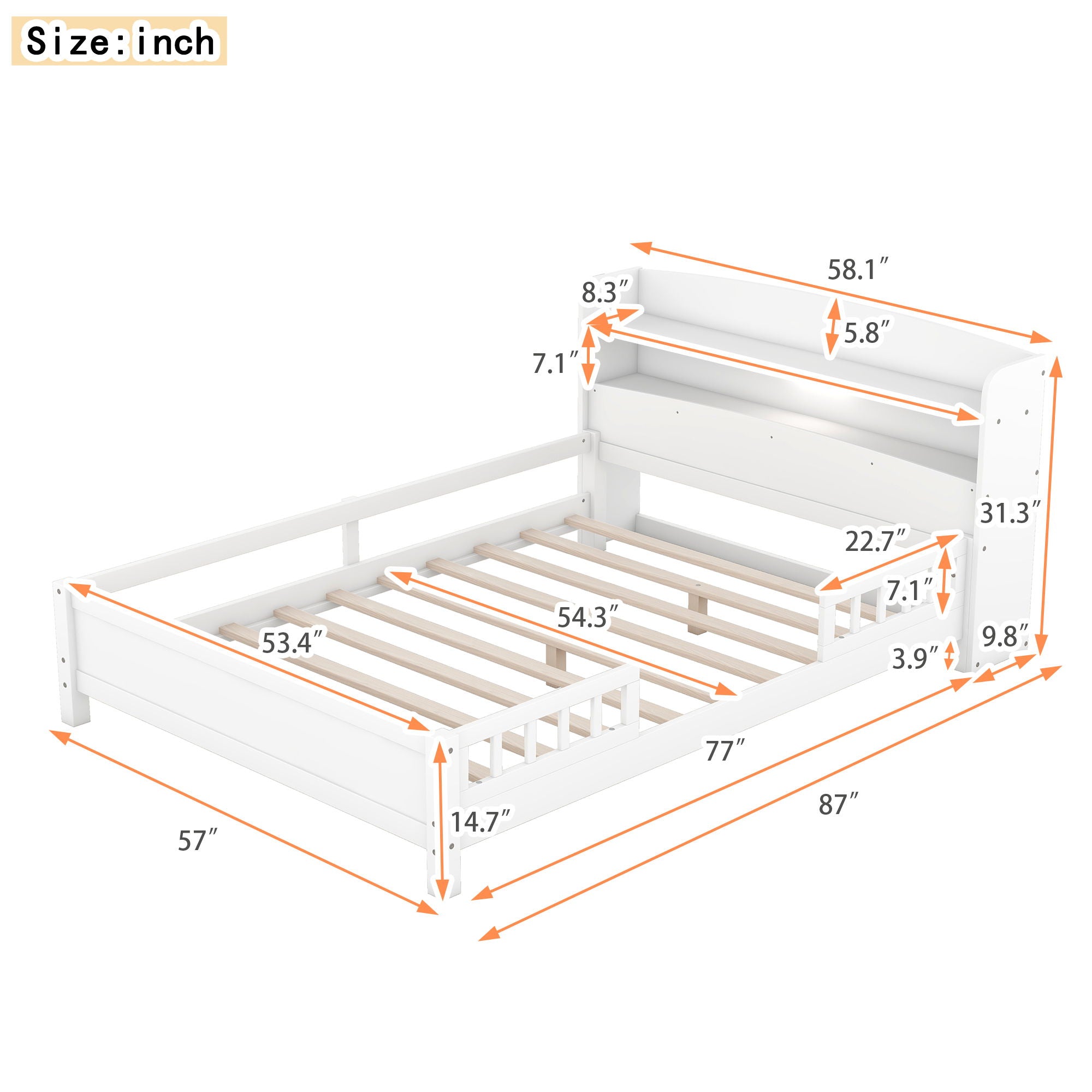 Wood Platform Bed With Built In LED Light, Storage Headboard And Guardrail