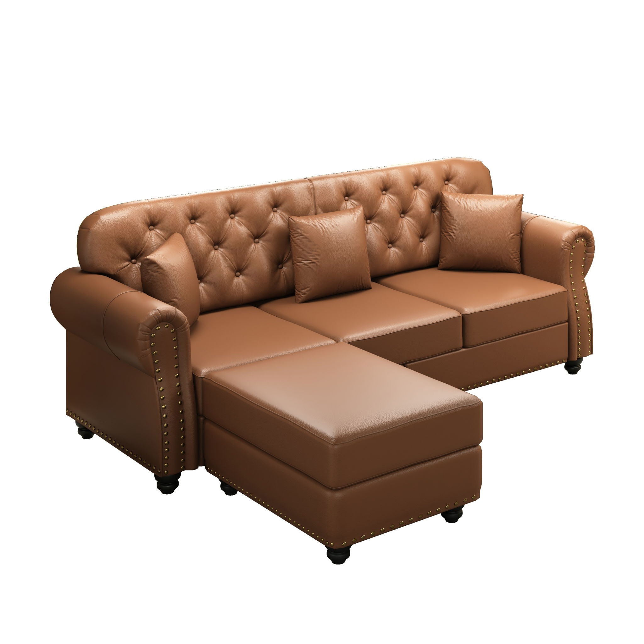 Upholstered Sofa With Nailhead Trim, Rolled Armrests With Ottoman