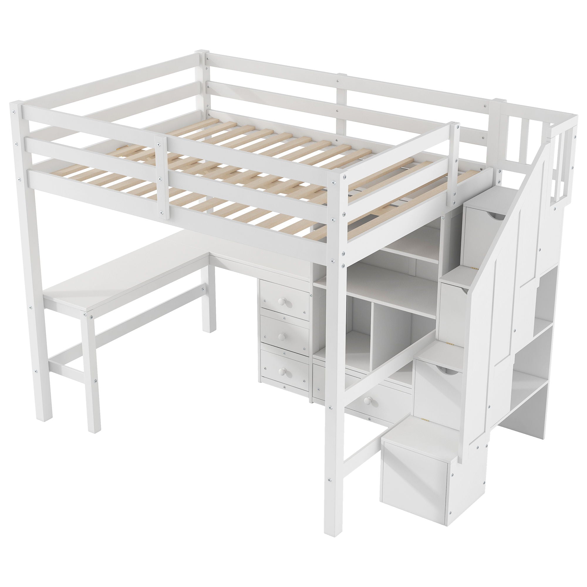 Loft Bed & L Shaped Desk, Drawers, Cabinet, And Storage Staircase