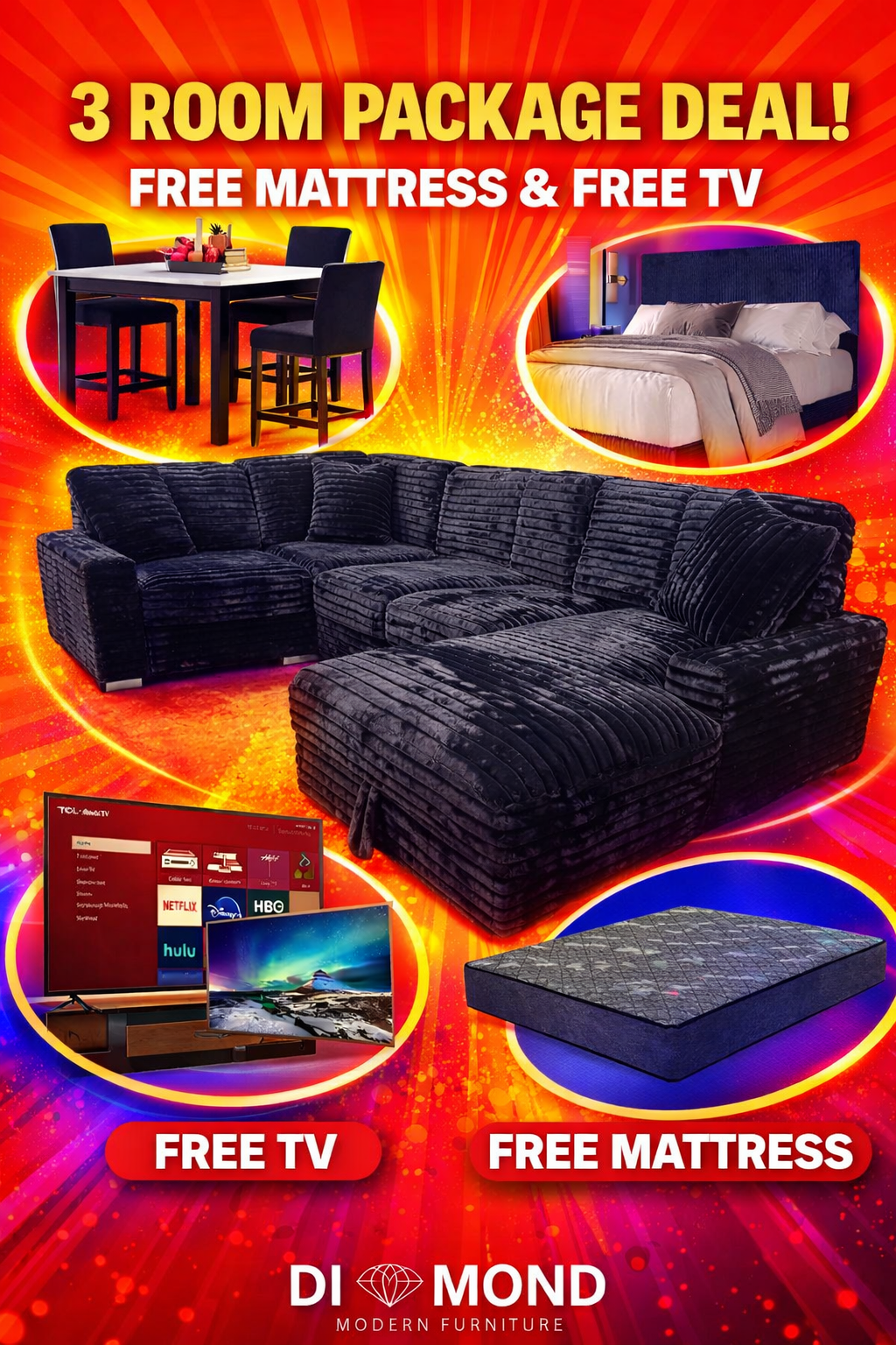 Austin Corduroy Bundle Sectional Sofa 5PCS DINING BED FREE TV FREE MATTRESS