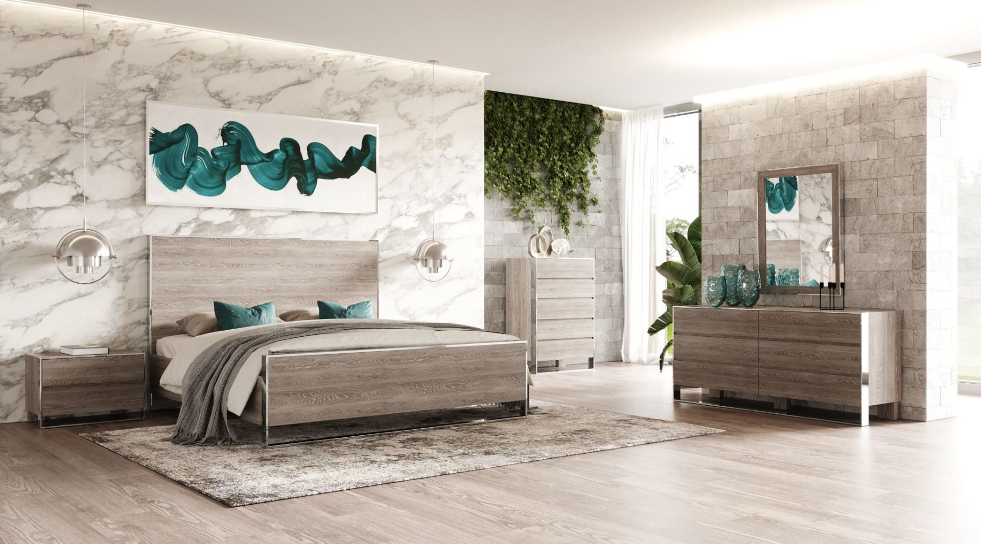Modrest Charlene Modern Grey Elm & Stainless Steel Bedroom Set