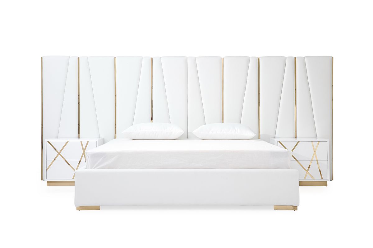 Modrest Nixa Modern White Bonded Leather & Gold Bed