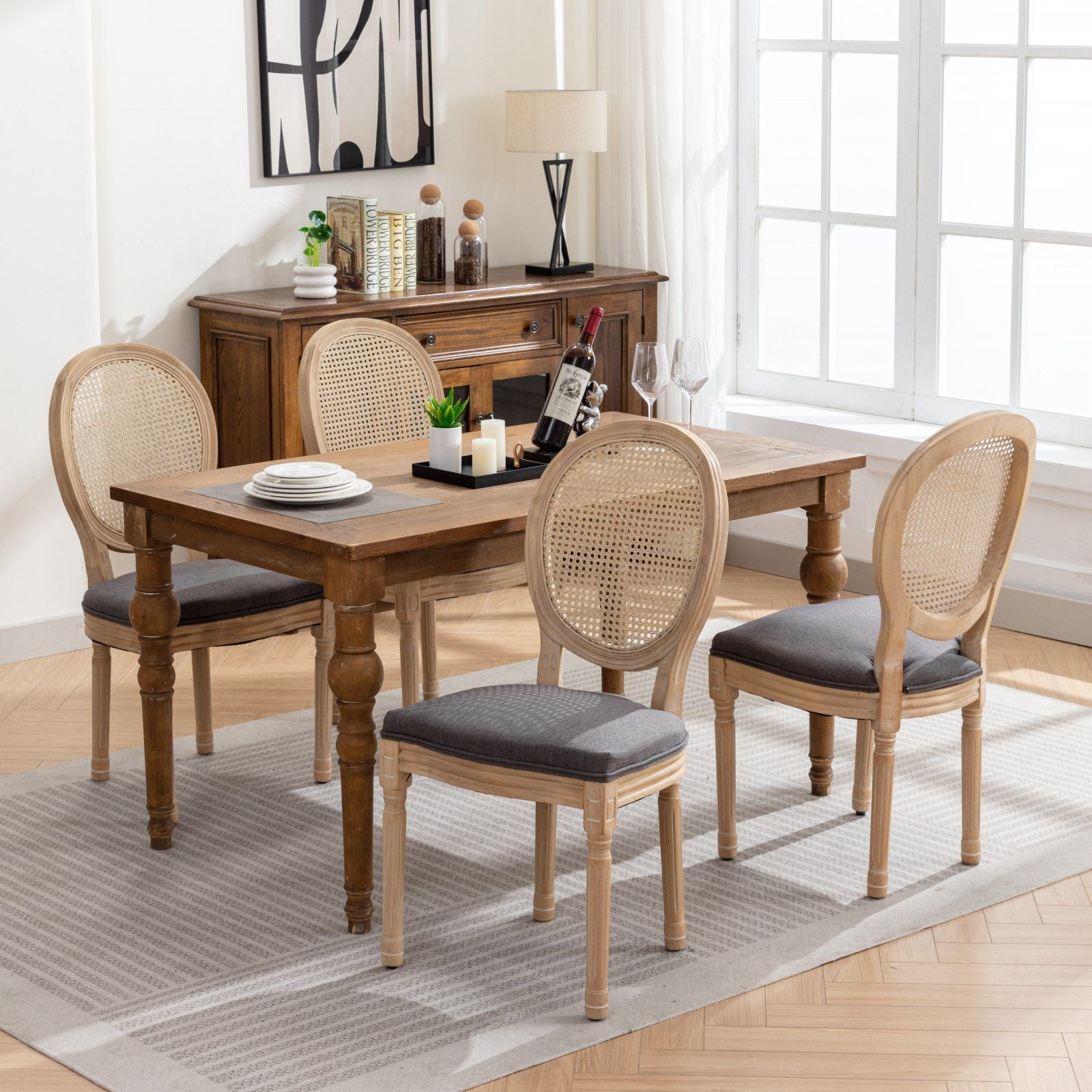 French Style Solid Wood Frame Antique Painting Fabric Rattan Back Dining Chair (Set of 2)