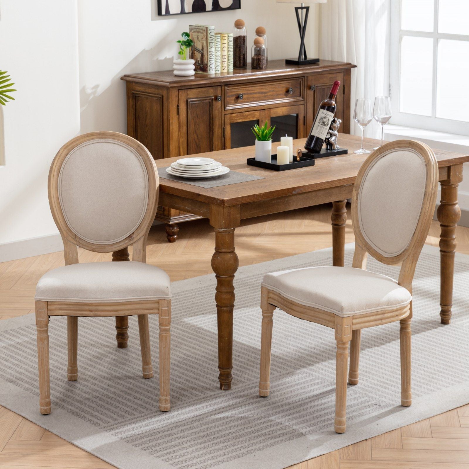 French Style Solid Wood Frame Antique Painting Fabric Back Dining Chair (Set of 2)