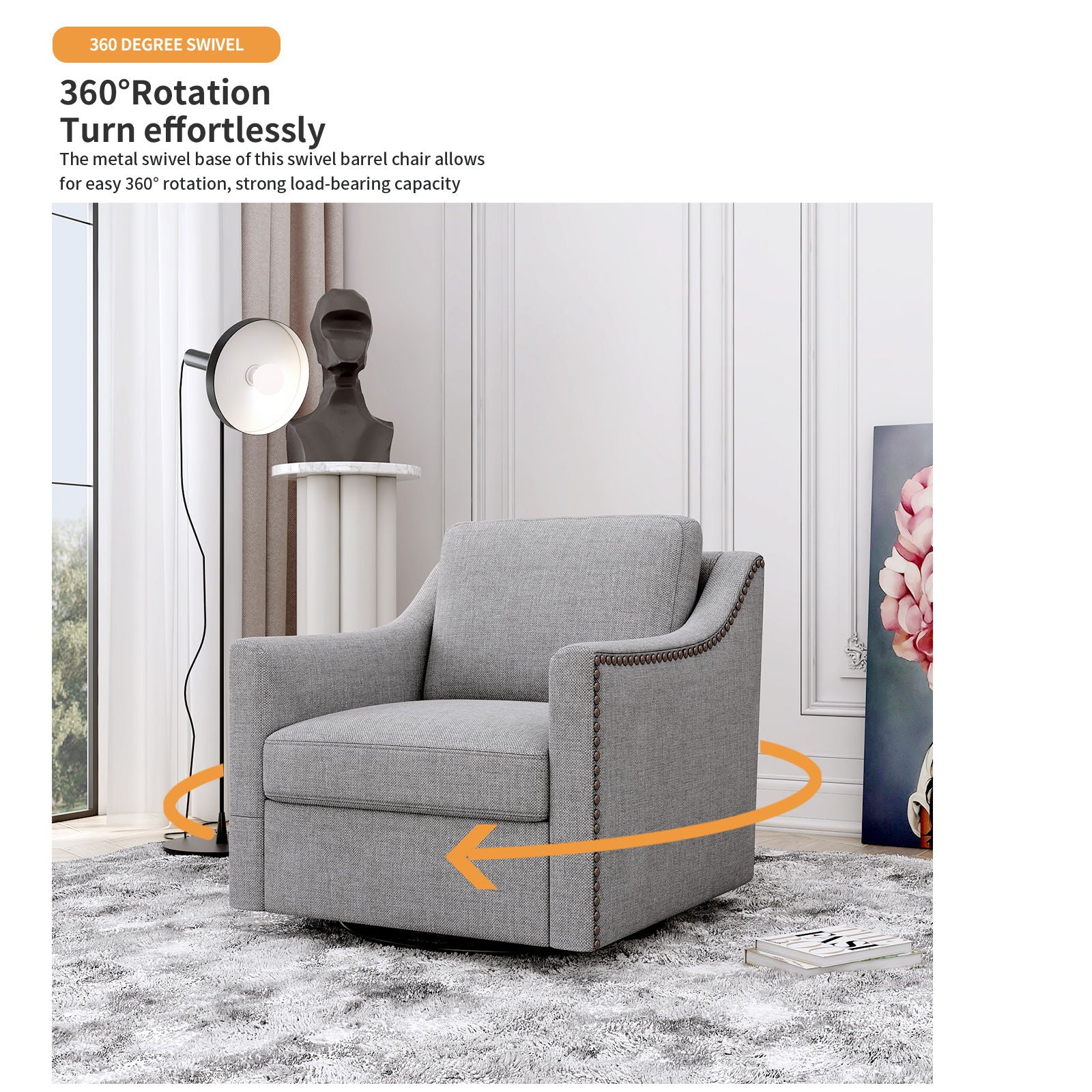 360 Degree Swivel Armchair, Skin Friendly Fabric, Ergonomic Design, Brass Nail Decorative Armchair