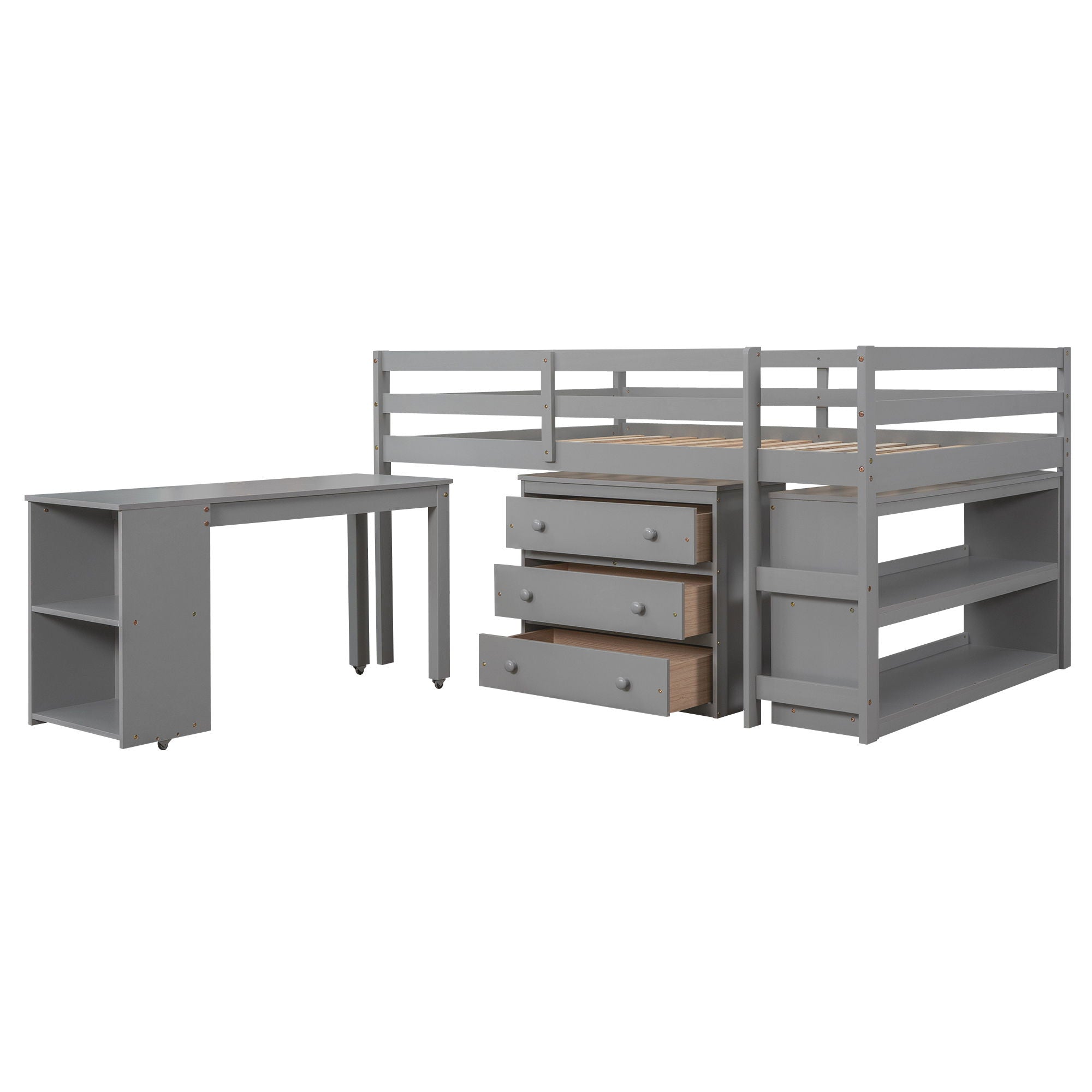 Loft Low Study Bed With Cabinet, Shelves And Rolling Portable Desk, Multiple Functions