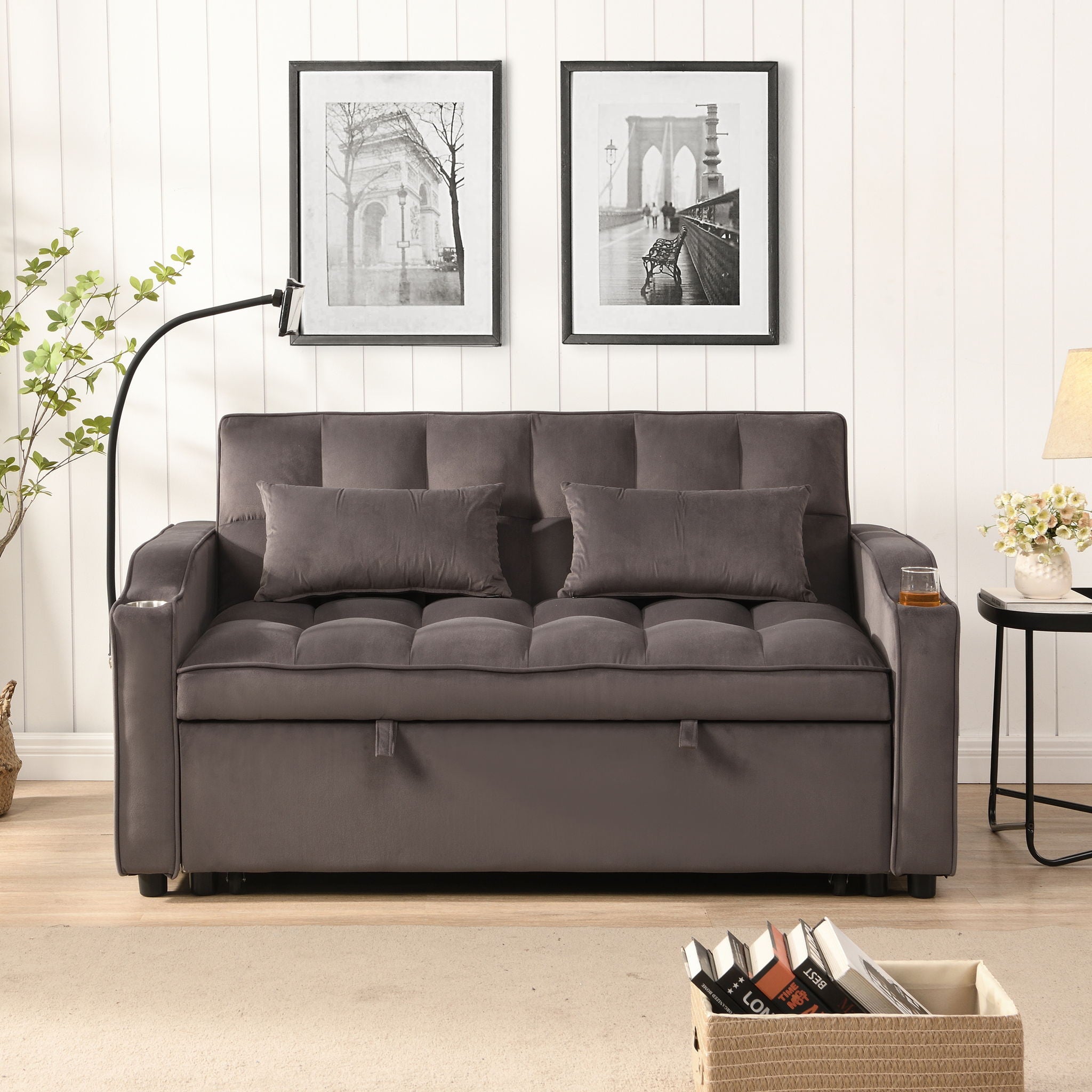 Modern Loveseat Futon Sofa With Pullout Bed, Adjustable Reclining Backrest, Toss Pillows