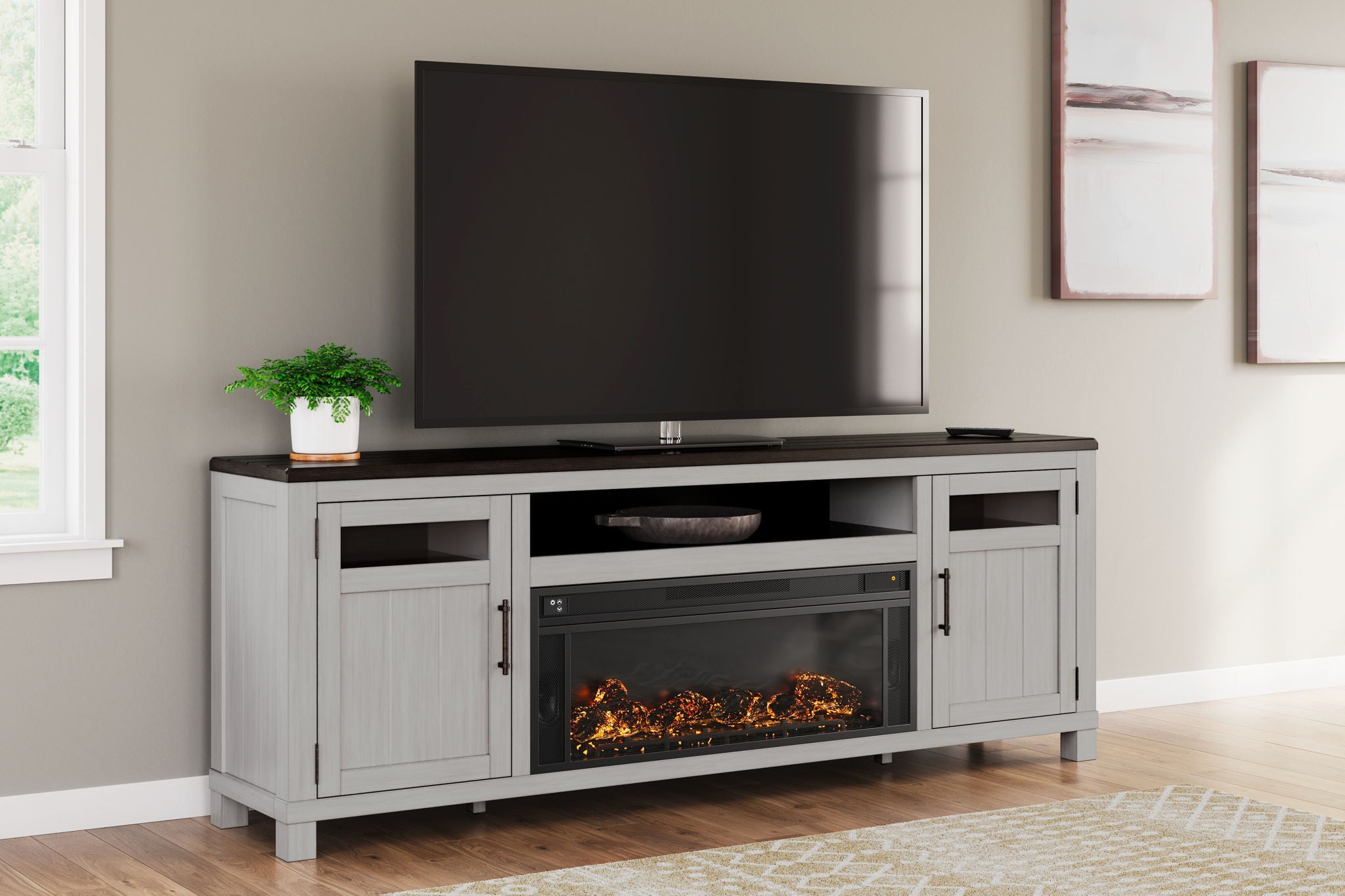 Darborn - 88" TV Stand With Electric Infrared Fireplace Insert - Gray / Brown