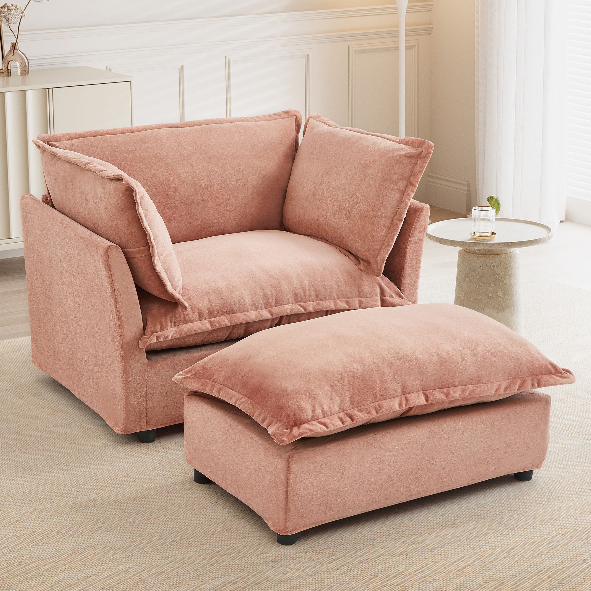 Modern Cozy Upholstered Armchair Sofa With Movable Ottoman