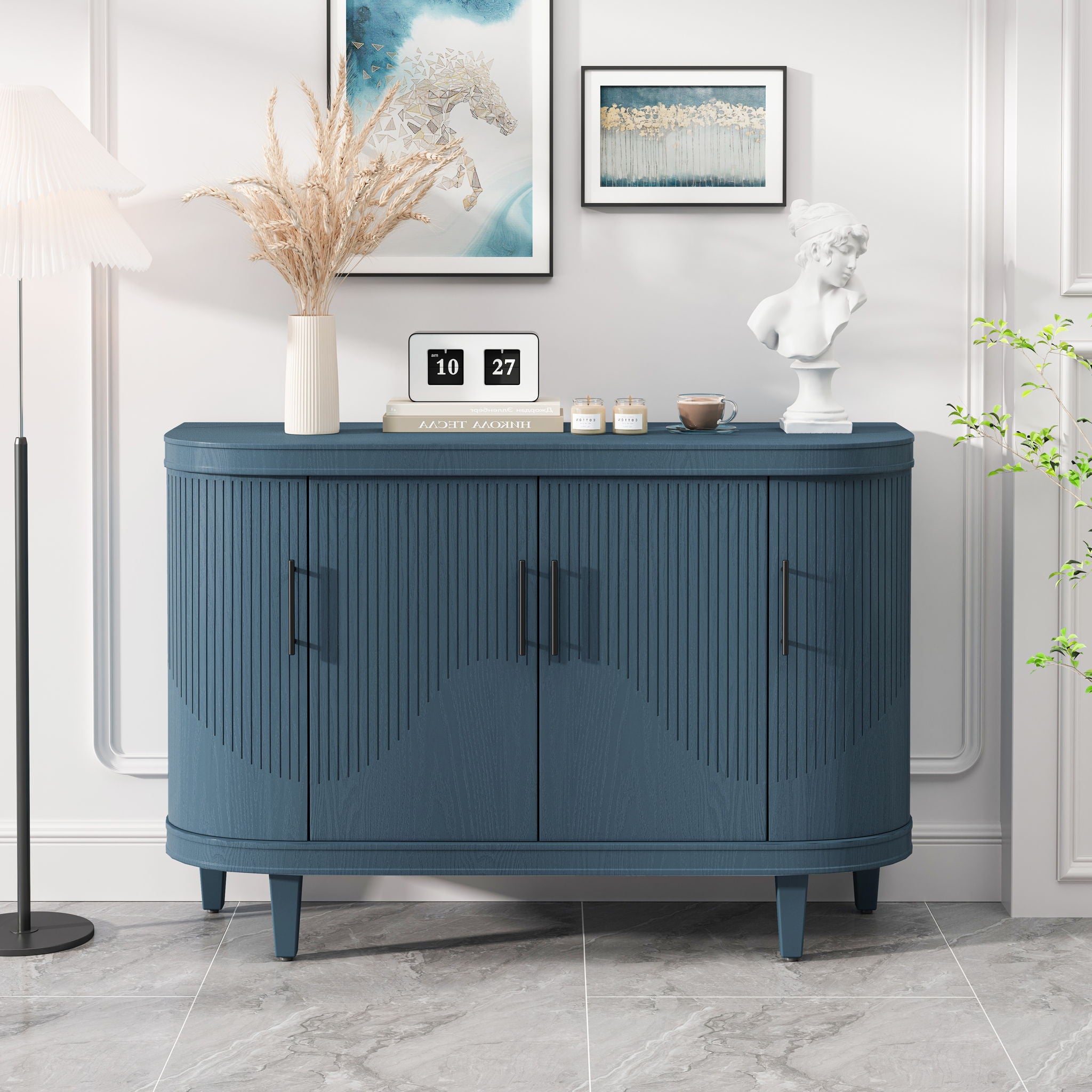 Curved Sideboard Wooden Console Table With 4 Doors And Adjustable Shelves For Living Room - Blue