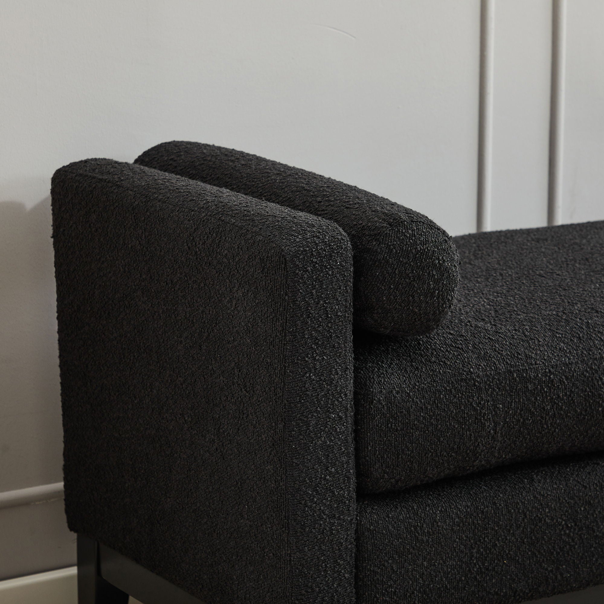 Elegant Upholstered Bench, Daybed, Ottoman With Wood Legs & 2 Bolster Pillows - Black Boucle