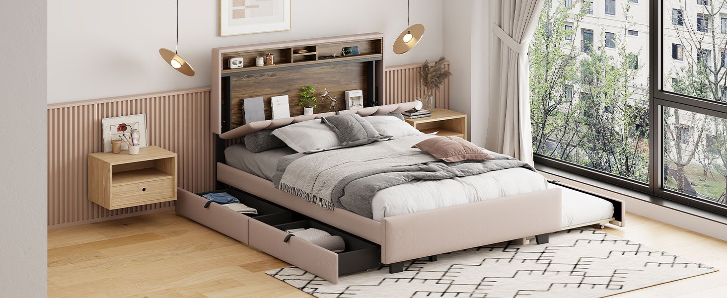 Upholstered Platform Bed With Storage Headboard, Trundle & 2 Drawers And A Set Of Sockets & USB Ports