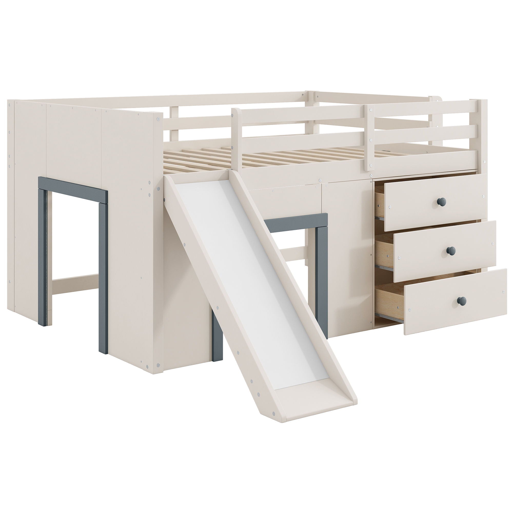Modern Low Loft Bed With Slide, 3 Storage Drawers, And 2 Doors