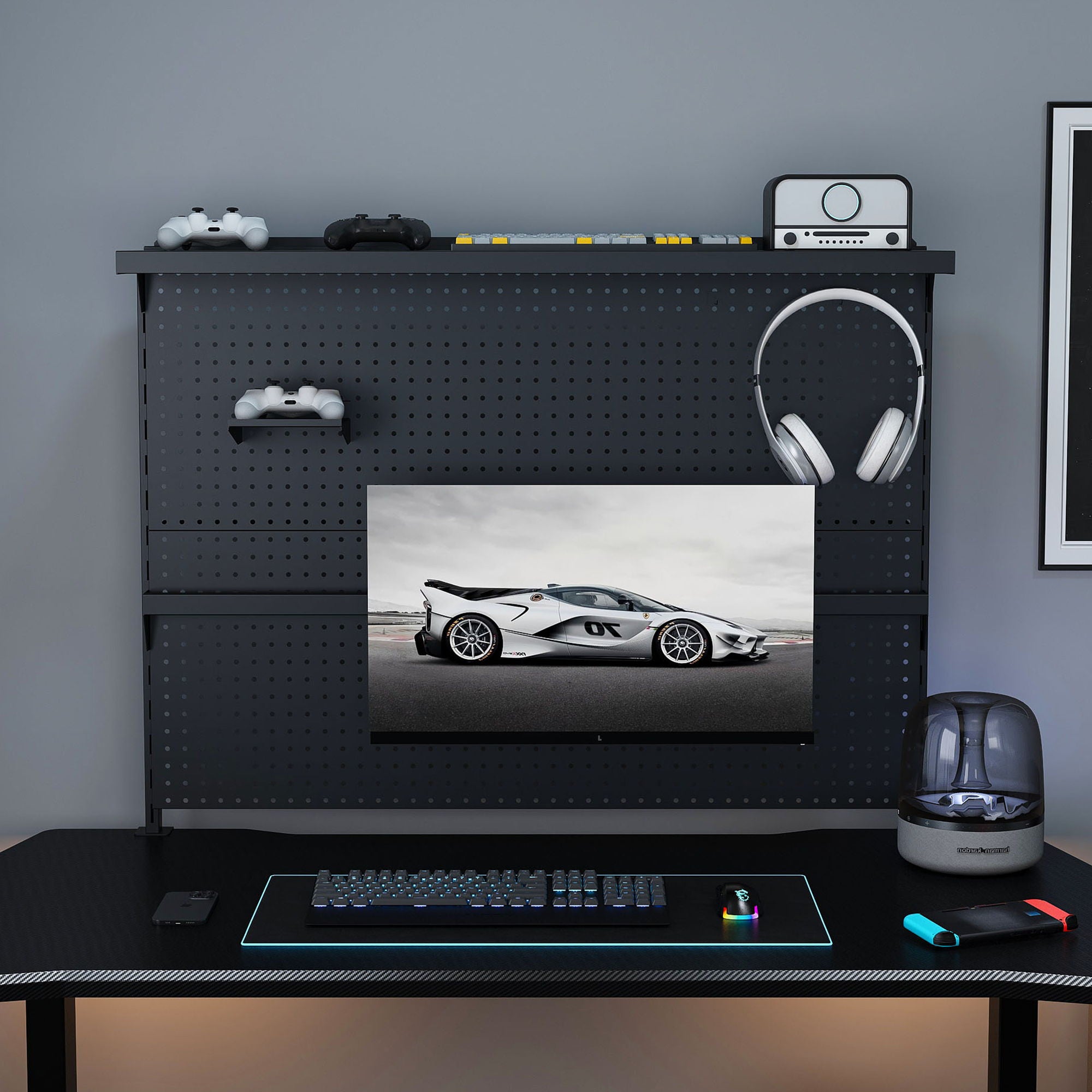 Clamp On Desk Pegboard With Single Monitor Stand