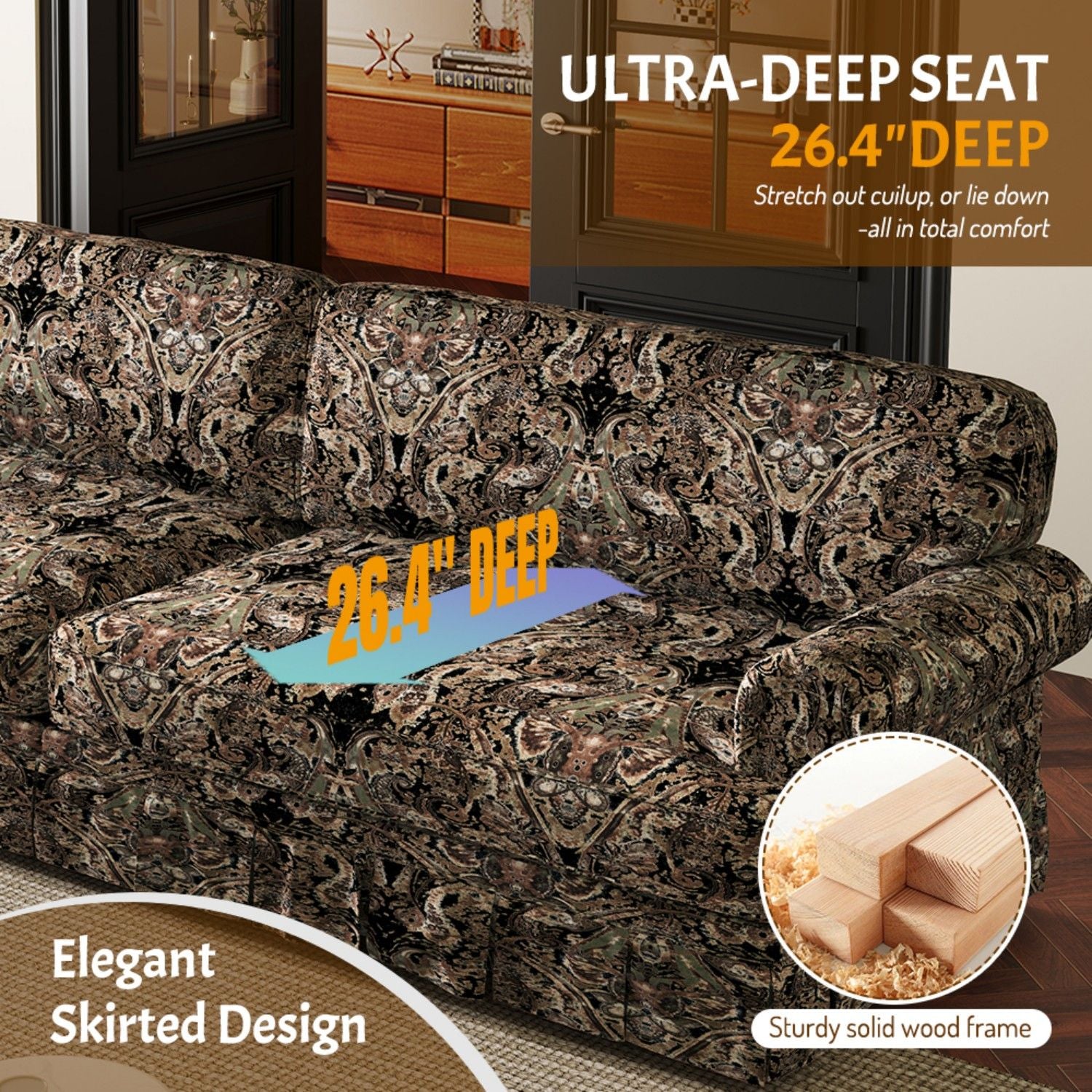 Luxuriously Comfortable Cloud Couch Sofa With Elegant Rolled Arms & Pleated Skirt Design