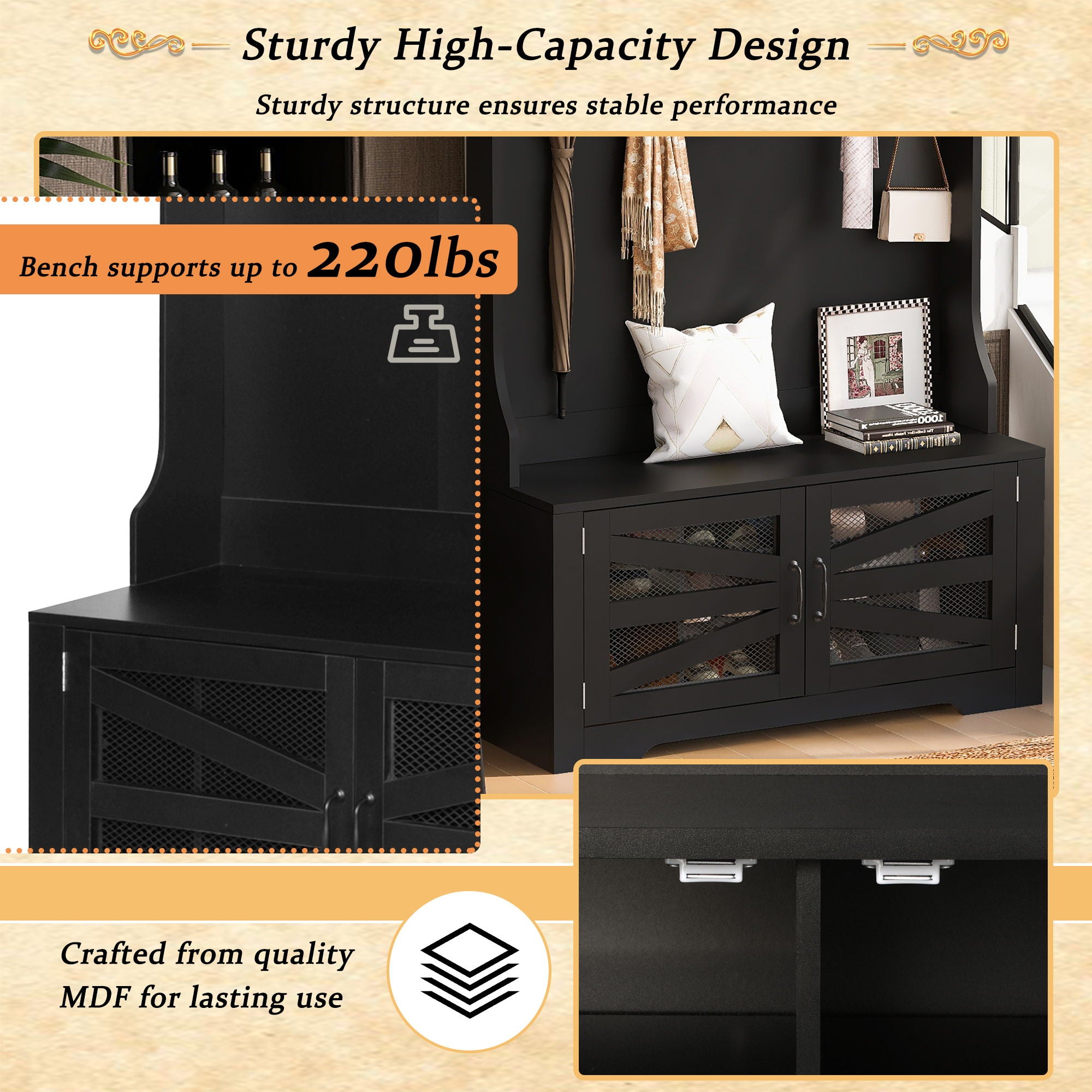 Entryway Bench With Coat Rack, 3 In 1 Design And Adjustable Shelves