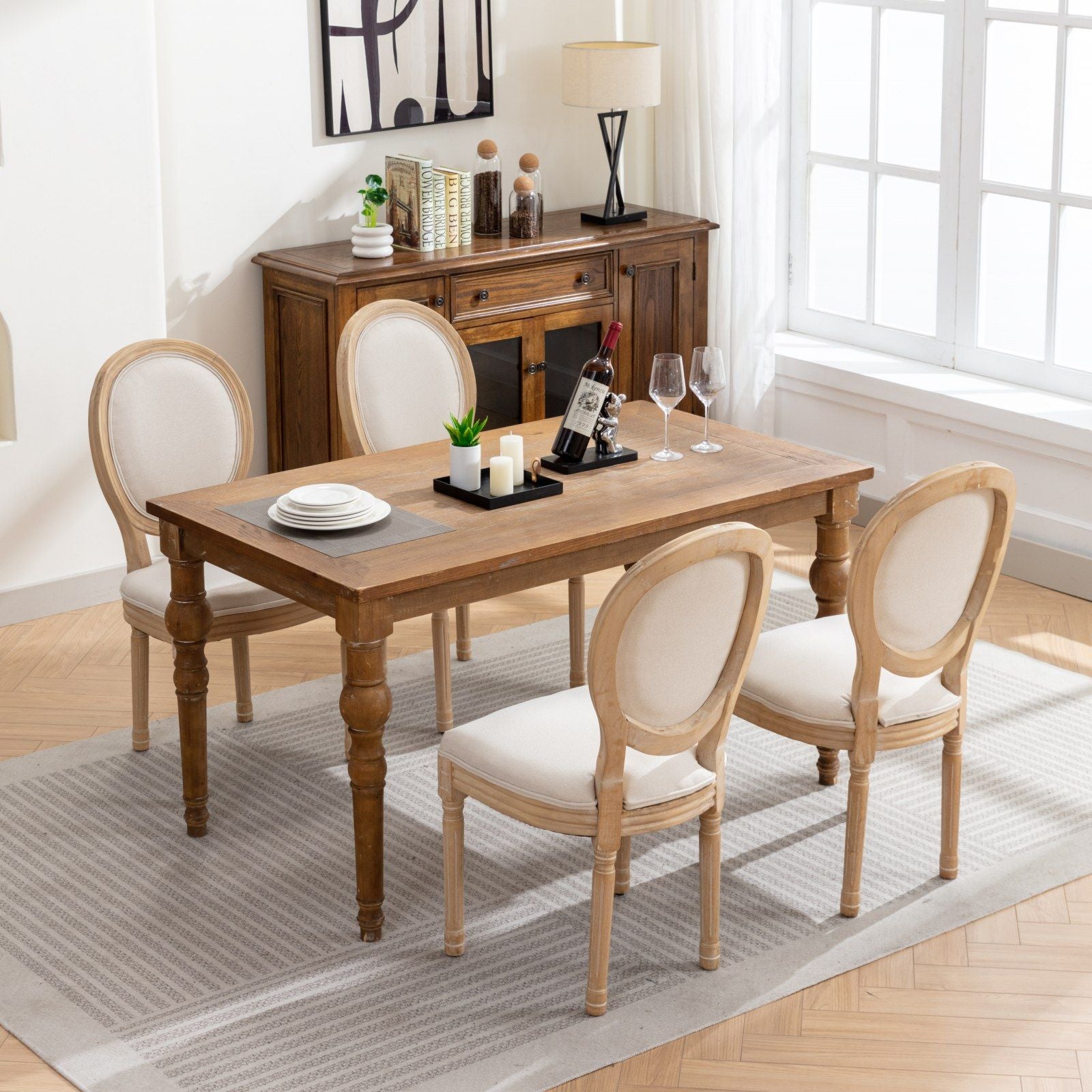 French Style Solid Wood Frame Antique Painting Fabric Back Dining Chair (Set of 2)