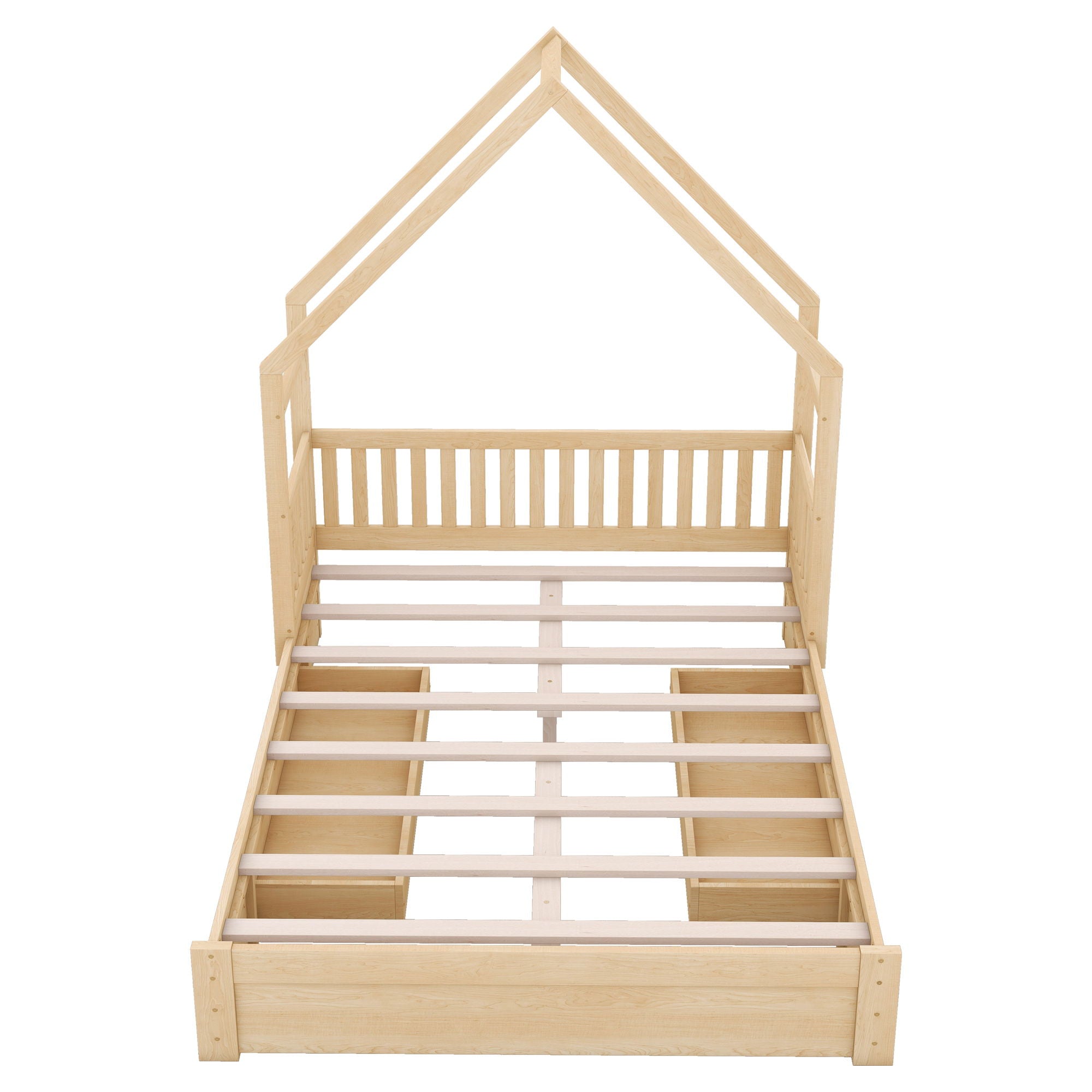 House Style Platform Bed With Guardrail And 2 Drawers