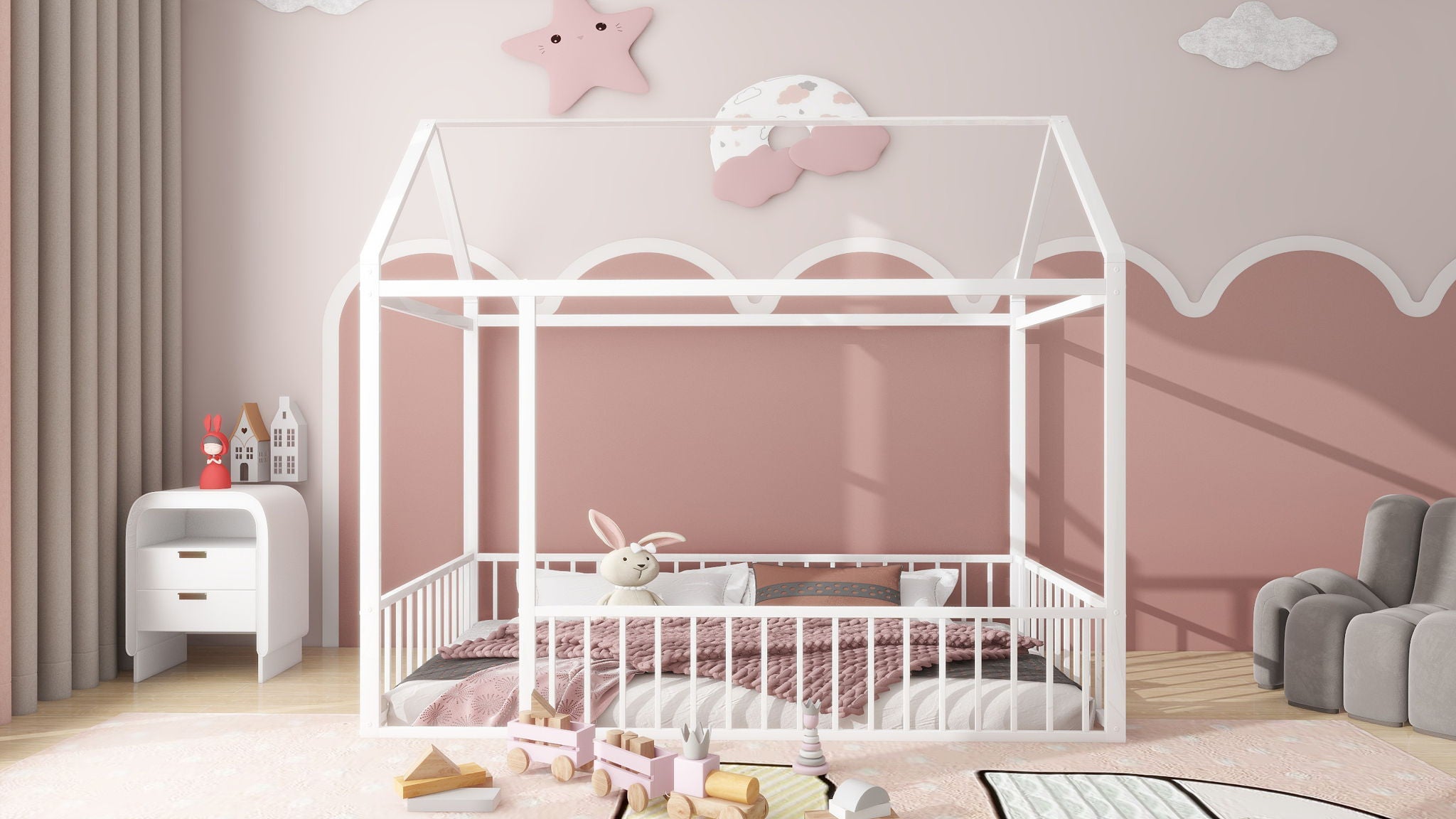 Metal Bed House Bed Frame With Fence