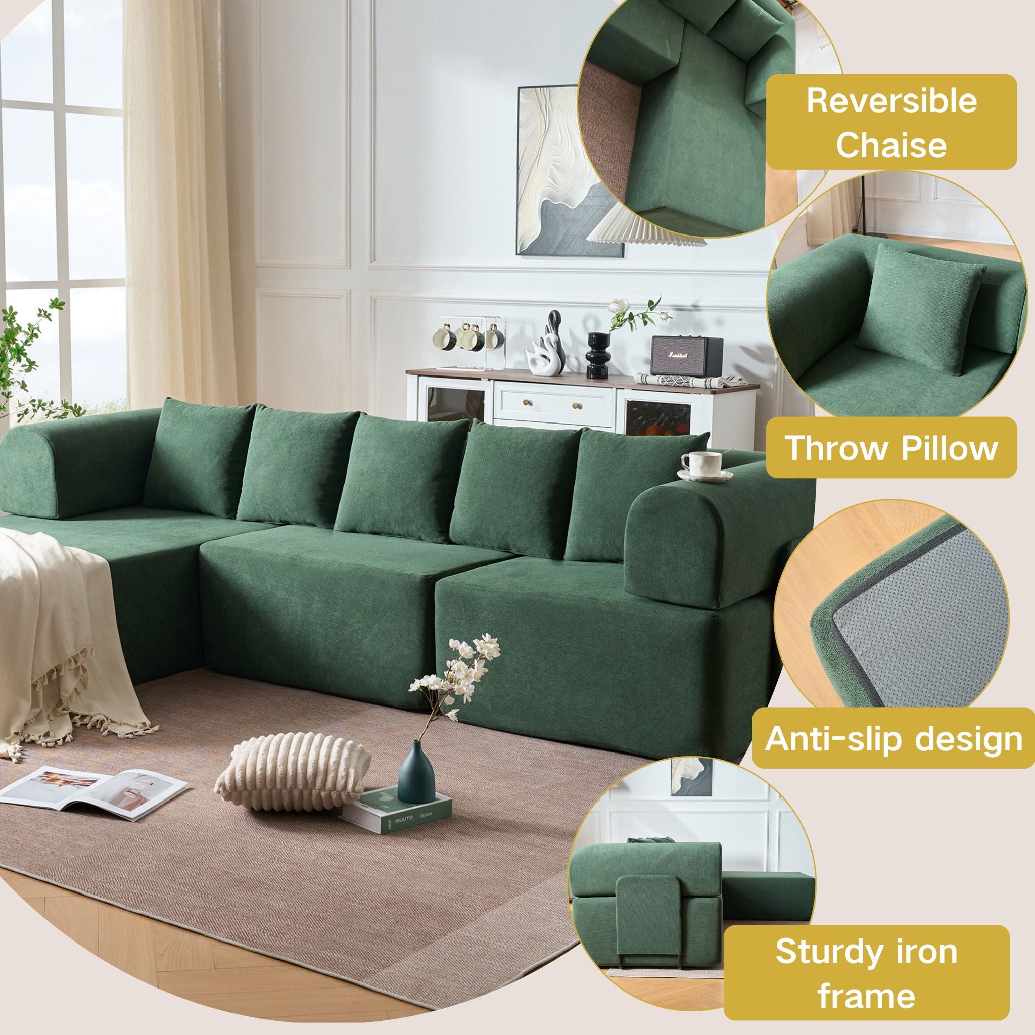 Modular L-Shaped Sectional Sofa With Deep Seat, Movable Chaise & 5 Pillows