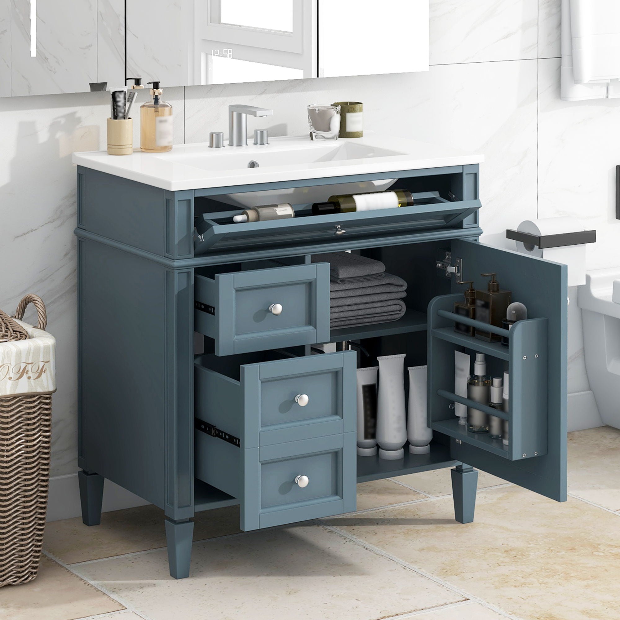 Bathroom Vanity With Top Sink, Storage Cabinet With 2 Drawers And Tip Out Drawer, Rectangular Design - Indigo Blue