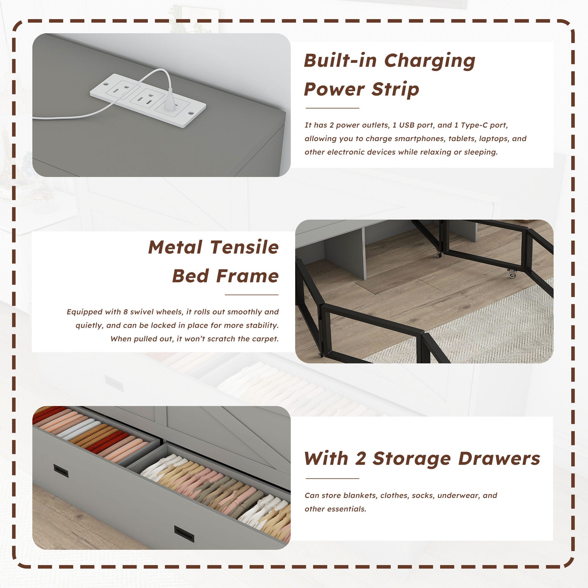 Full Murphy Bed With Storage Drawers, Charging Station, Foldable Panels, And Silent Swivel Wheels