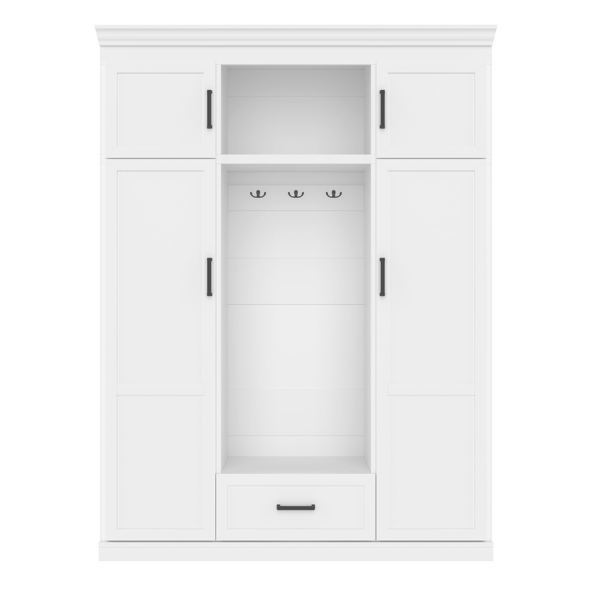 Hall Tree With Bench And 3 Hooks, Modern Entryway Storage Organizer Cabinet With 4 Doors, 1 Drawer And Adjustable Shelves