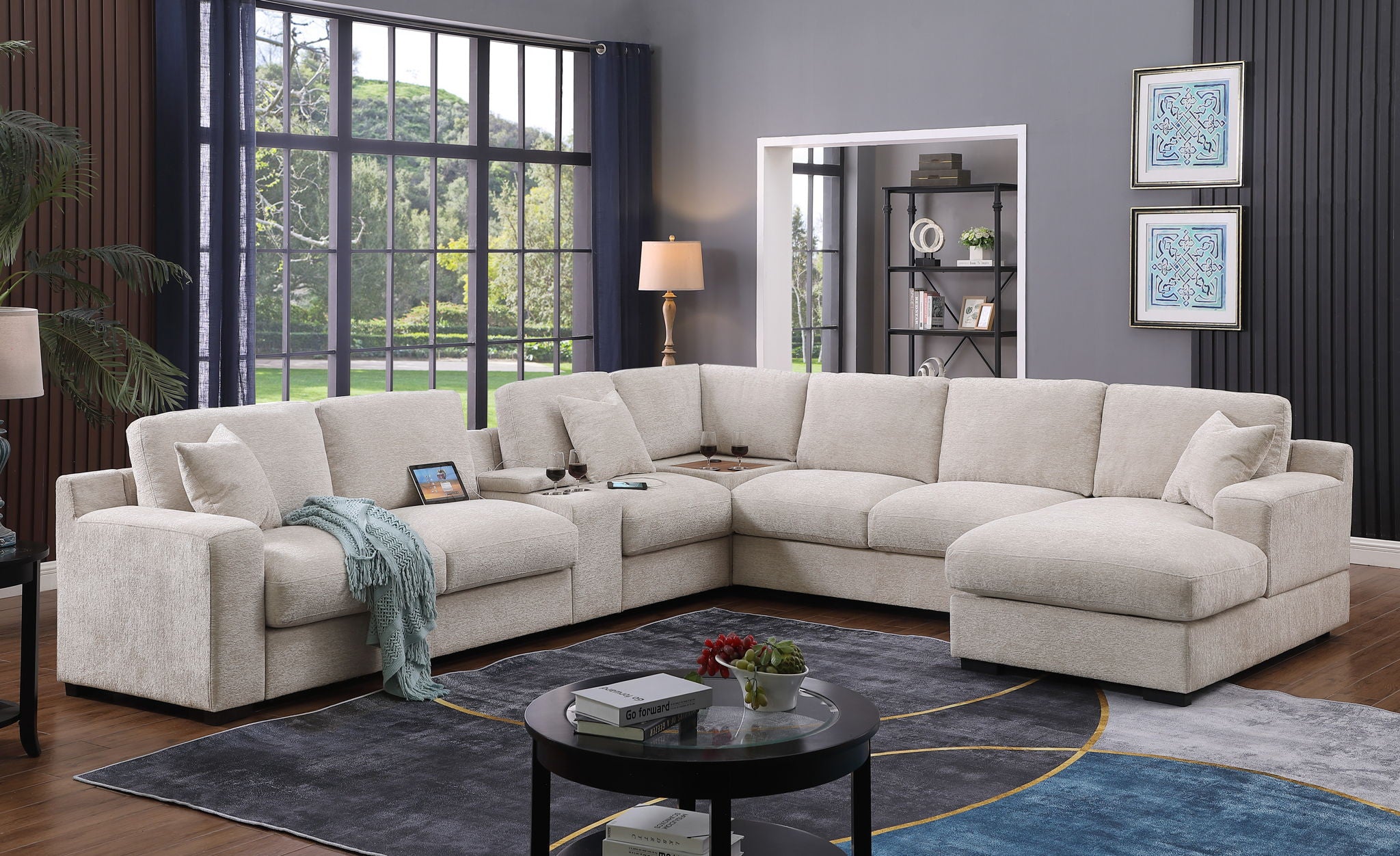 Celine - Fabric Corner Sectional Sofa With Right-Facing Chaise, Cupholders, And Charging Ports