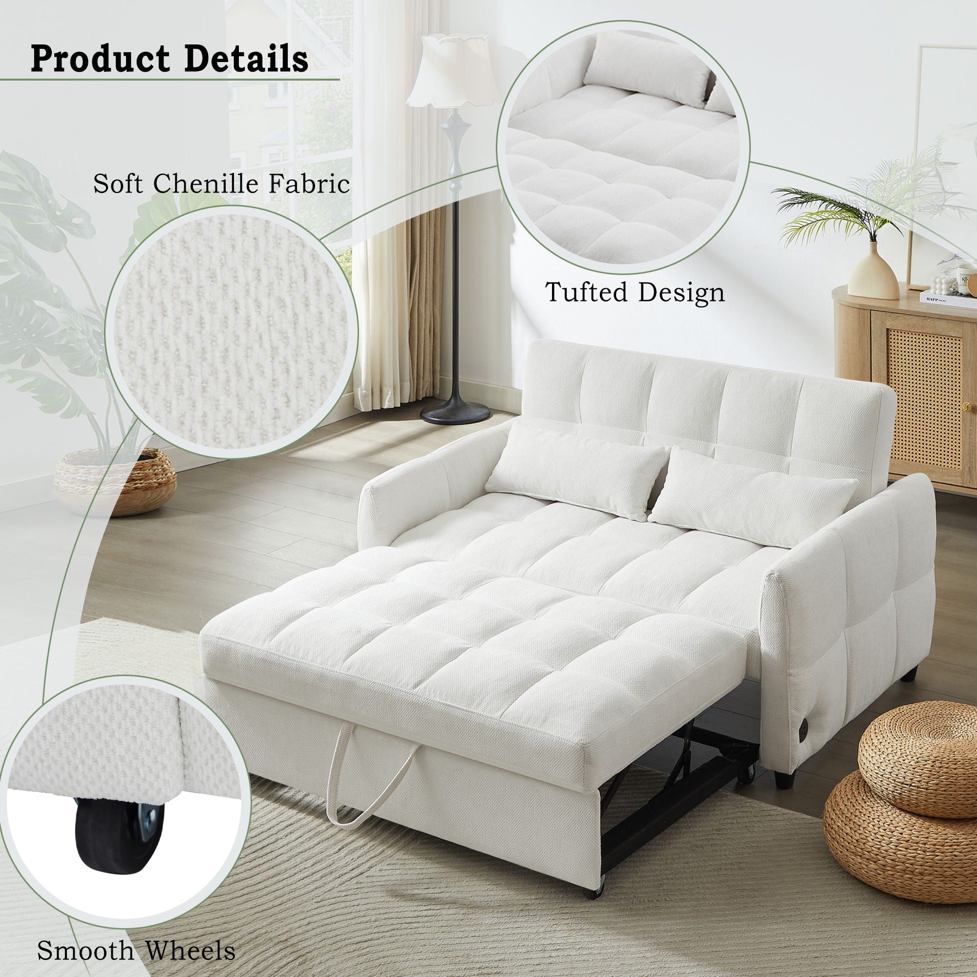 Loveseat Sofa Pull-Out Bed With Adjustable Backrest, 3 USB Ports And 2 Lumbar Pillows For Living Room