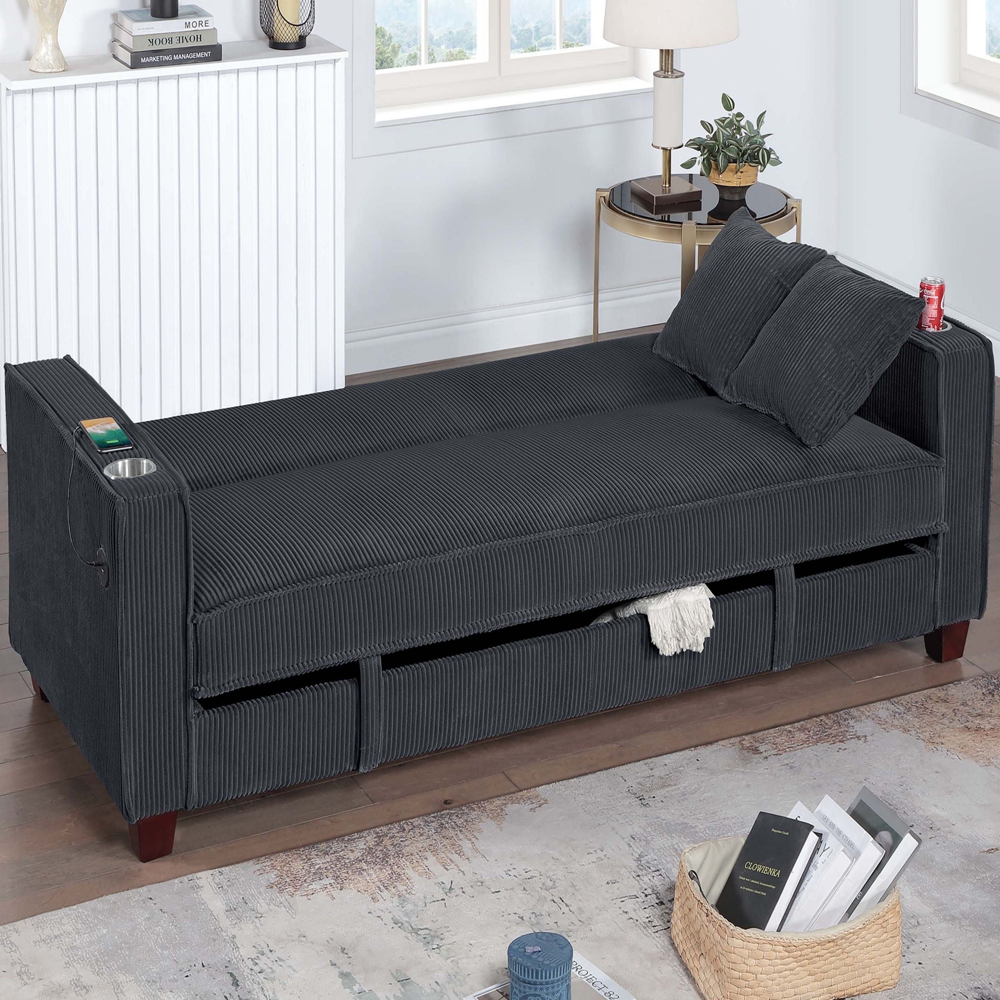 Modern Convertible Sofa With Hidden Storage USB Port, Cup Holder